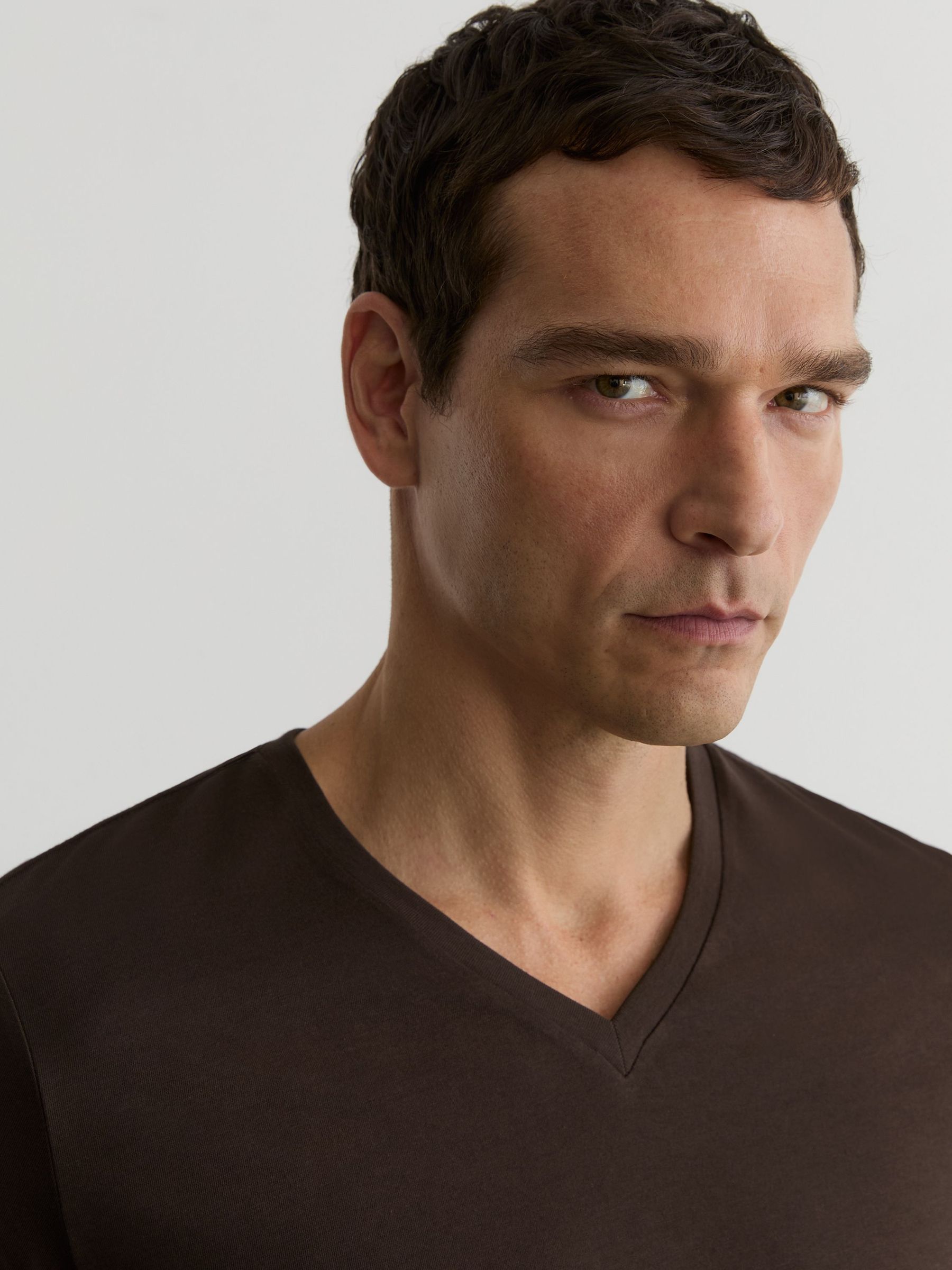 Cotton V-neck Tailored-Fit T-Shirt in Coco Brown - Image 3 of 6