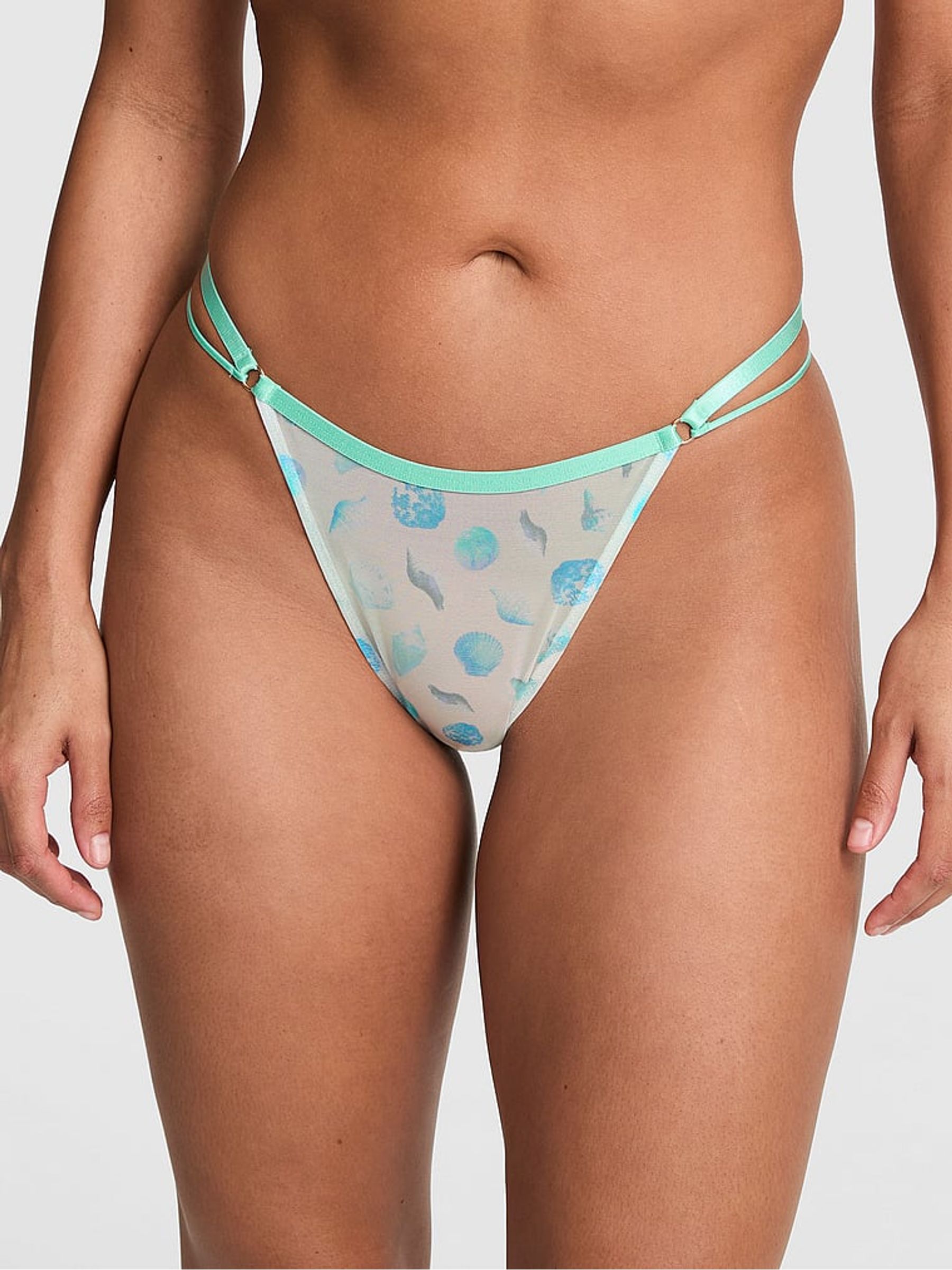 Blue Seashell Print Thong Logo Mesh Knickers - Image 1 of 2