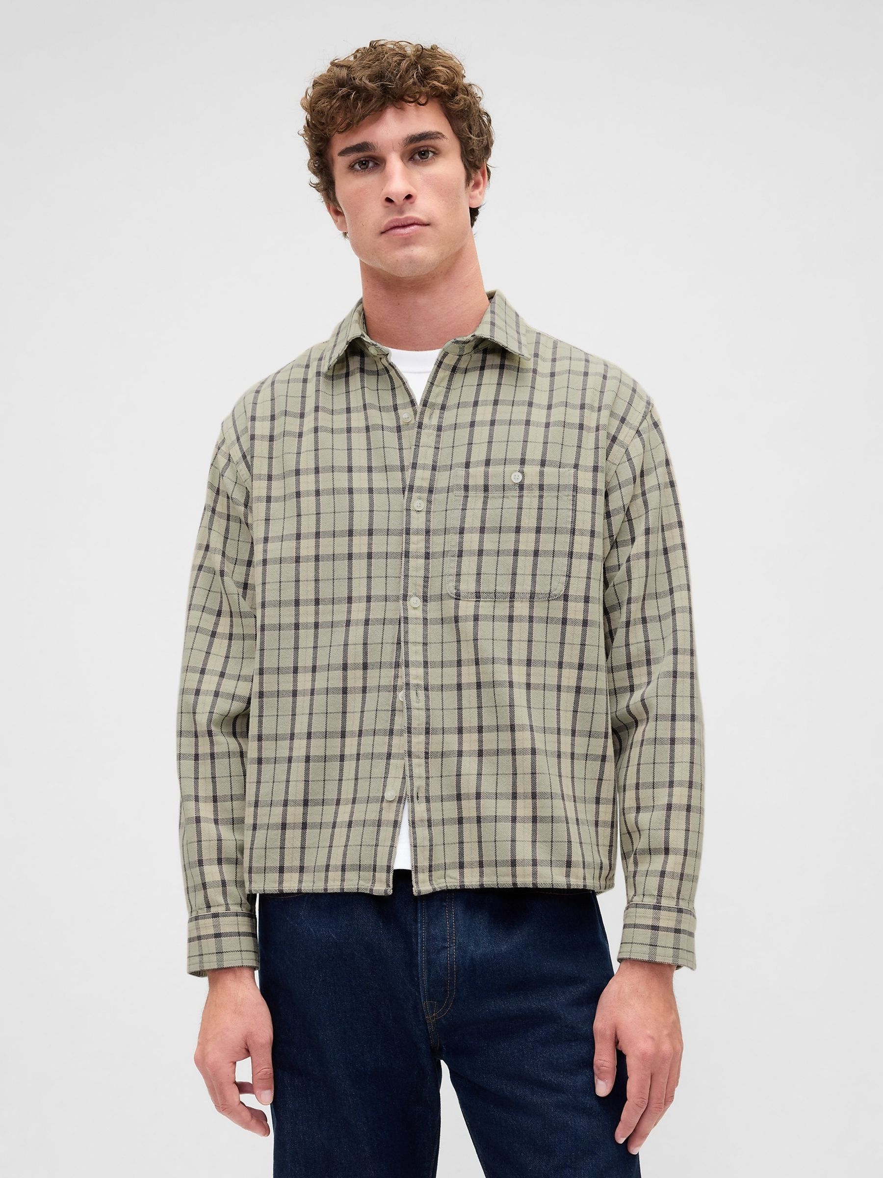 Green Check Sunwashed Twill Straight-Hem Shirt - Image 1 of 4