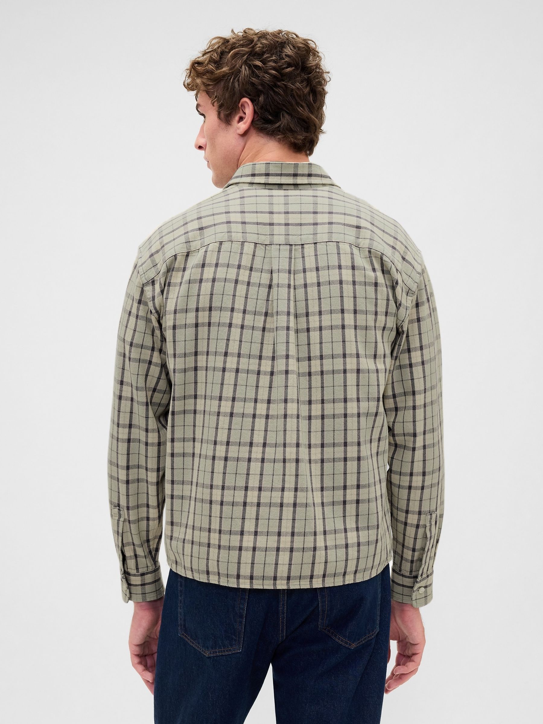 Green Check Sunwashed Twill Straight-Hem Shirt - Image 2 of 4