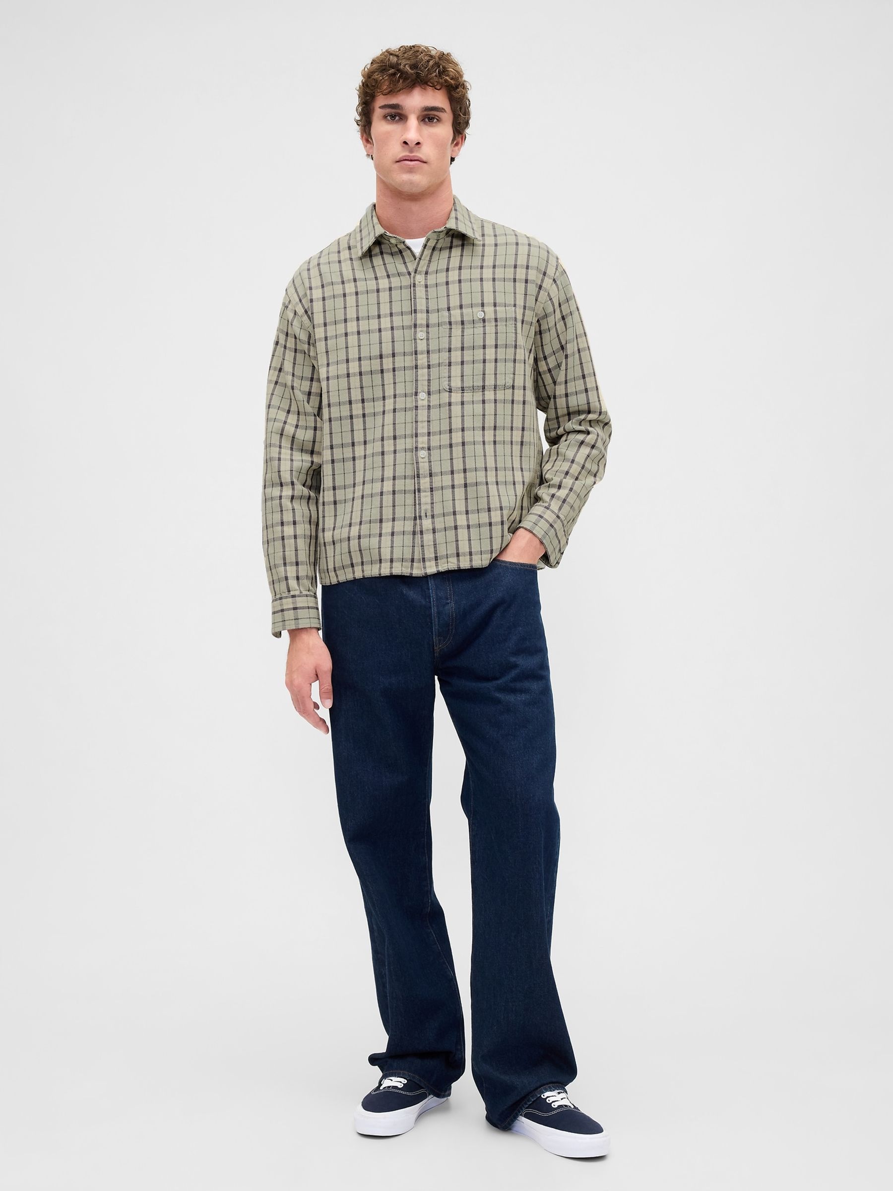Green Check Sunwashed Twill Straight-Hem Shirt - Image 3 of 4