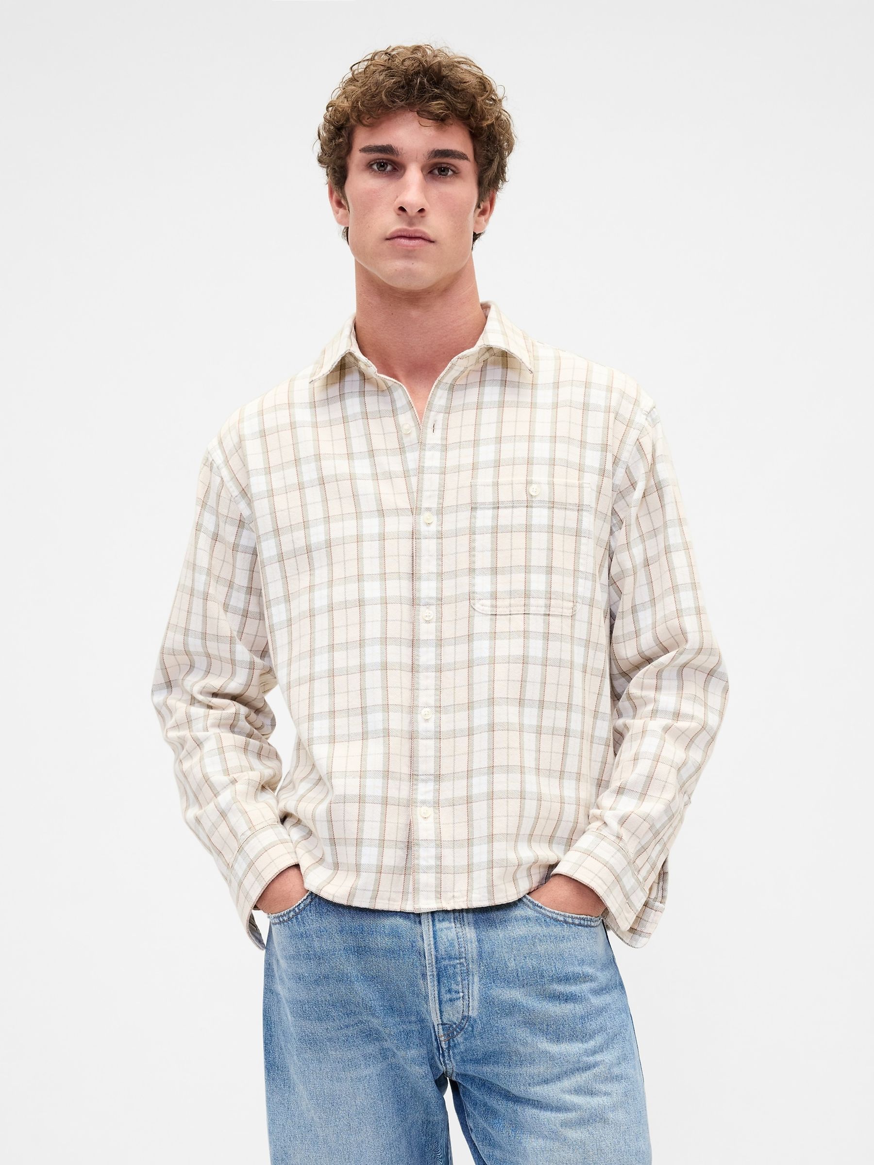 Cream Check Sunwashed Twill Straight-Hem Shirt - Image 1 of 4