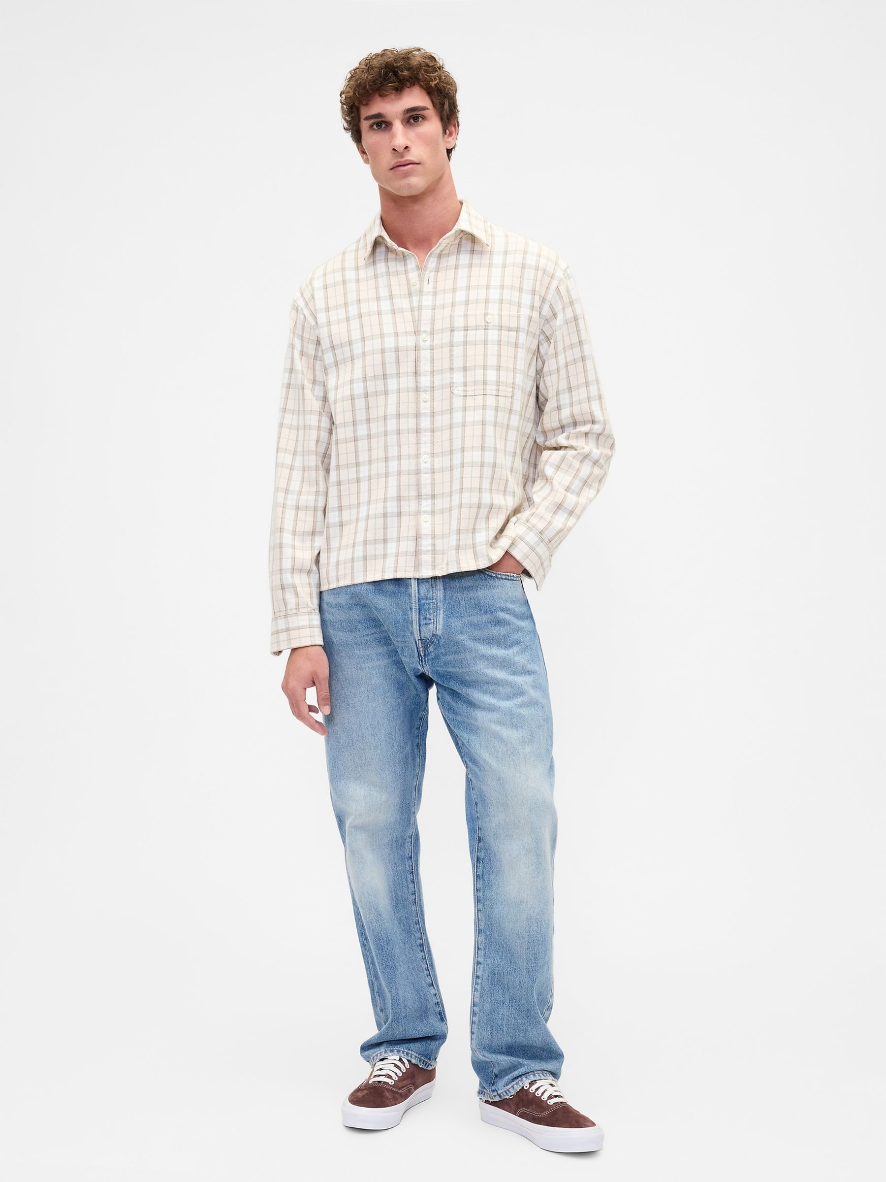Cream Check Sunwashed Twill Straight-Hem Shirt - Image 3 of 4