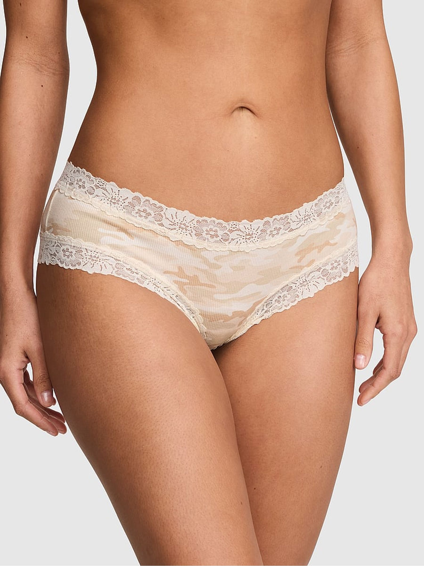 White Camo Cheeky Lace Trim Rib Knickers - Image 1 of 2