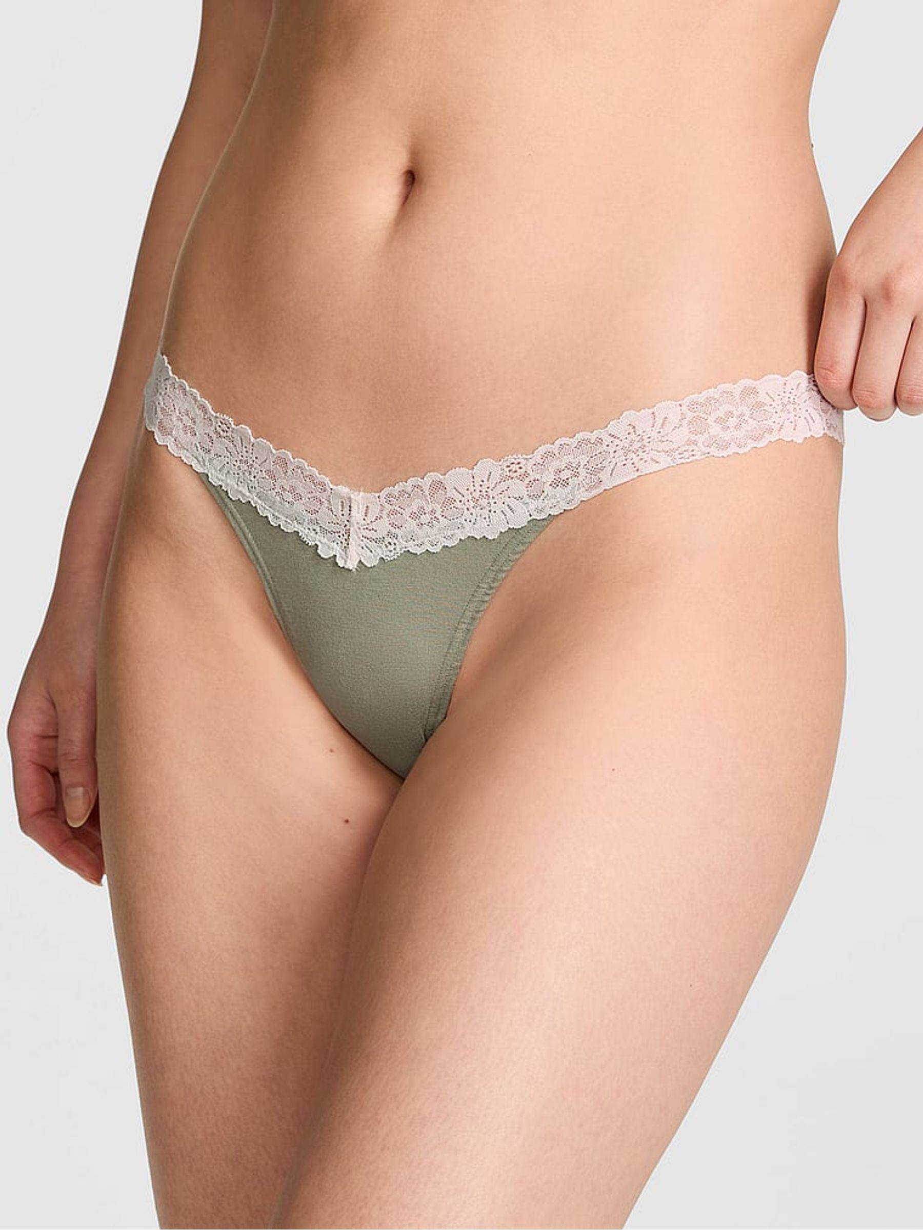 Slate Green Thong Cotton Heather Lace Trim Knickers - Image 1 of 2