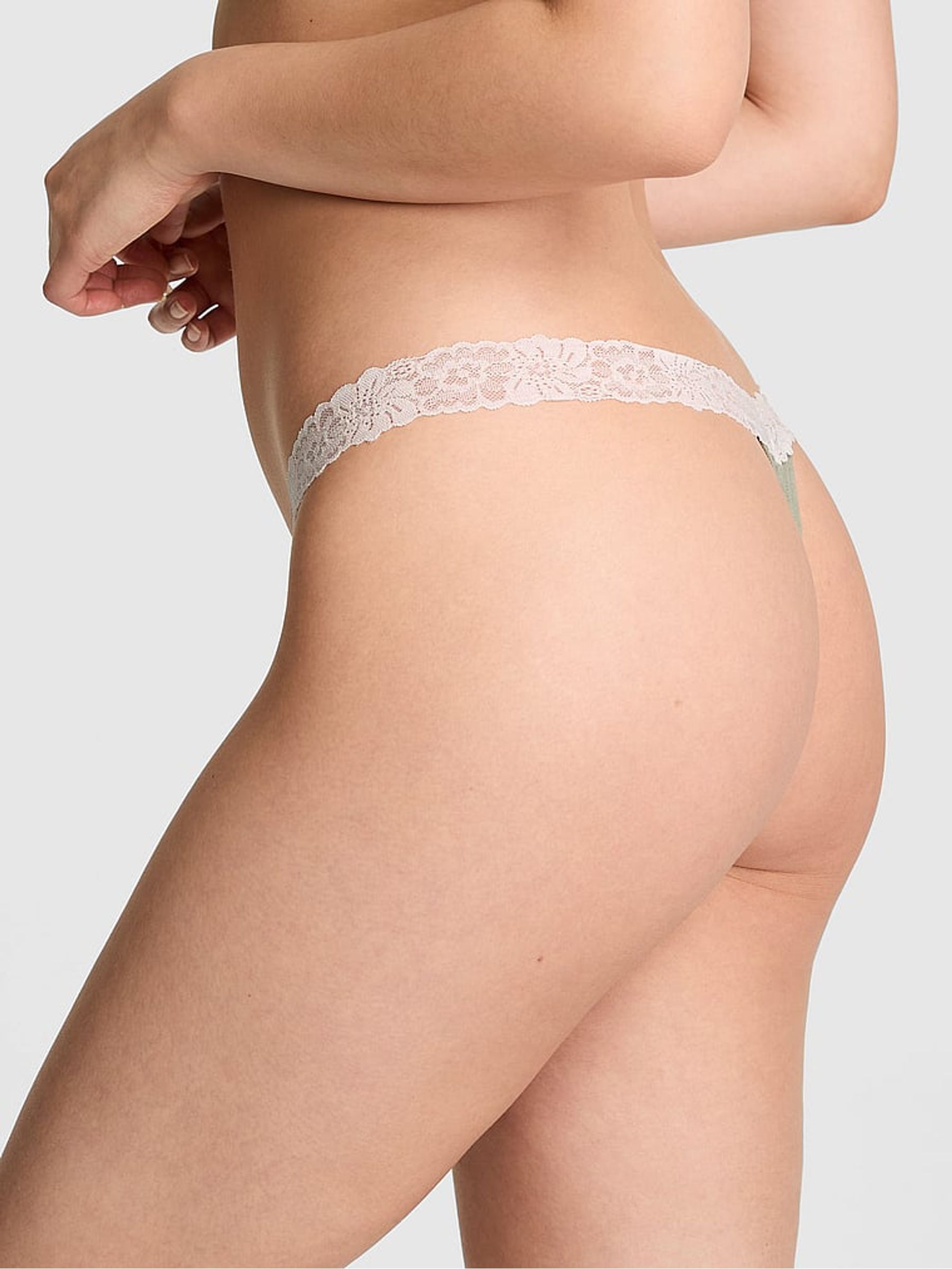 Slate Green Thong Cotton Heather Lace Trim Knickers - Image 2 of 2