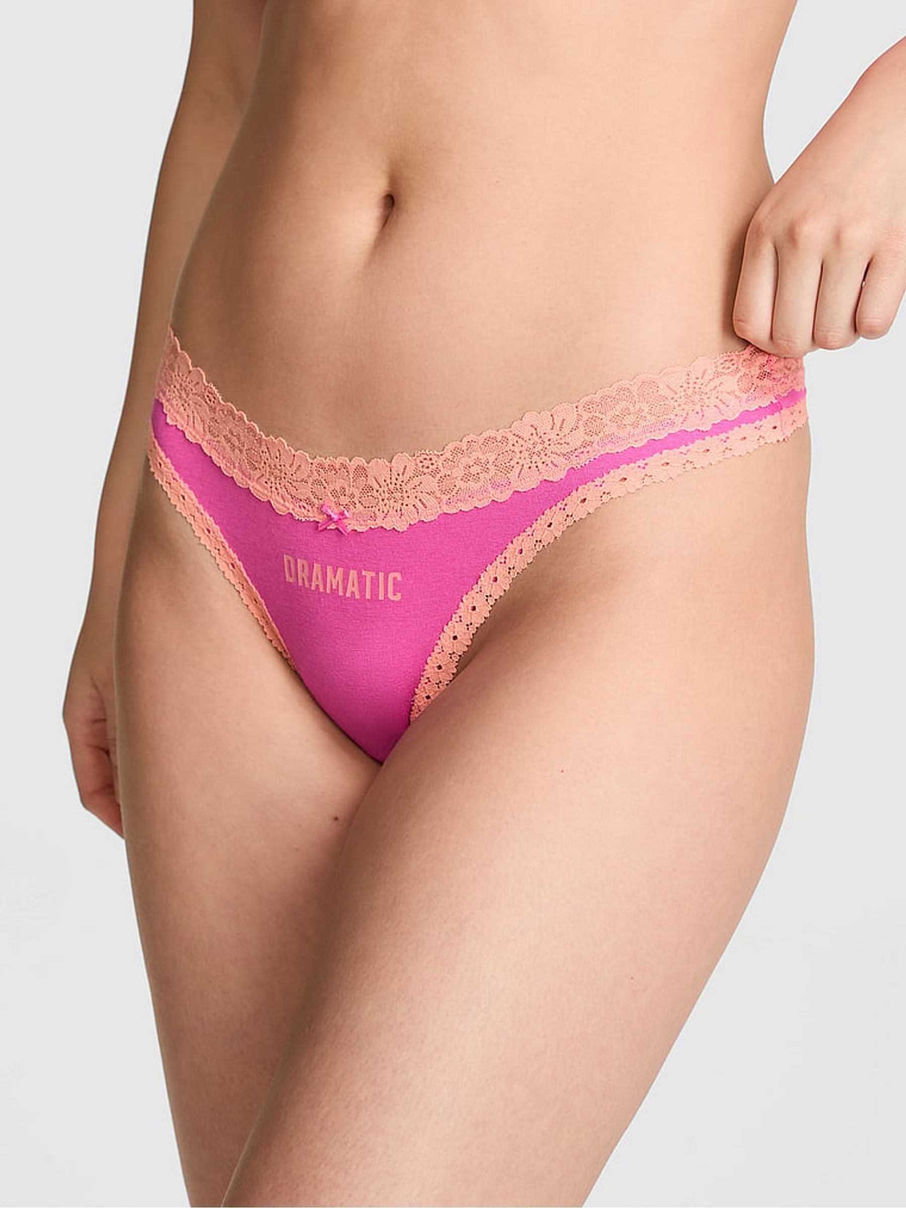 Sizzling Strawberry Pink Thong Cotton Lace Trim Knickers - Image 1 of 2