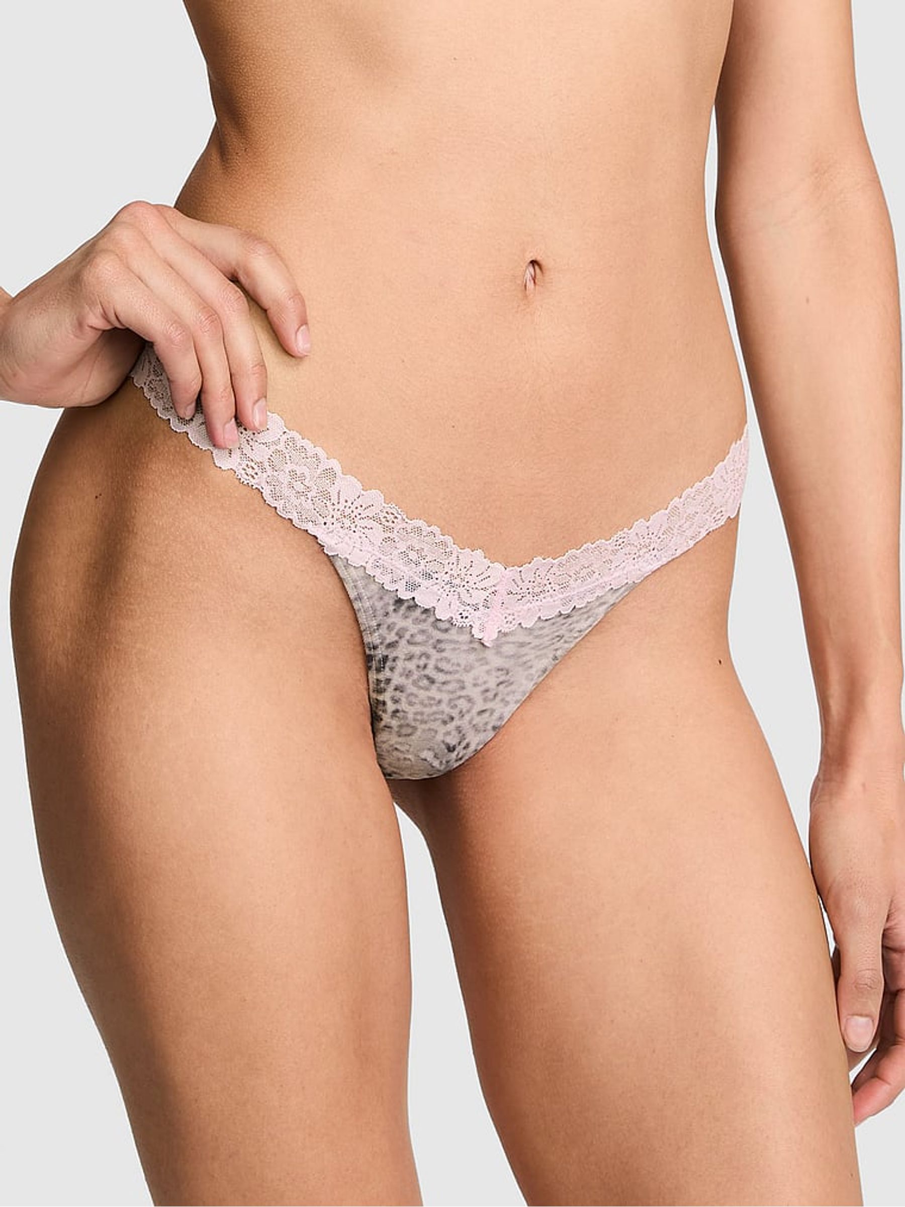 Natural Leopard Print Thong Cotton Heather Lace Trim Knickers - Image 1 of 2
