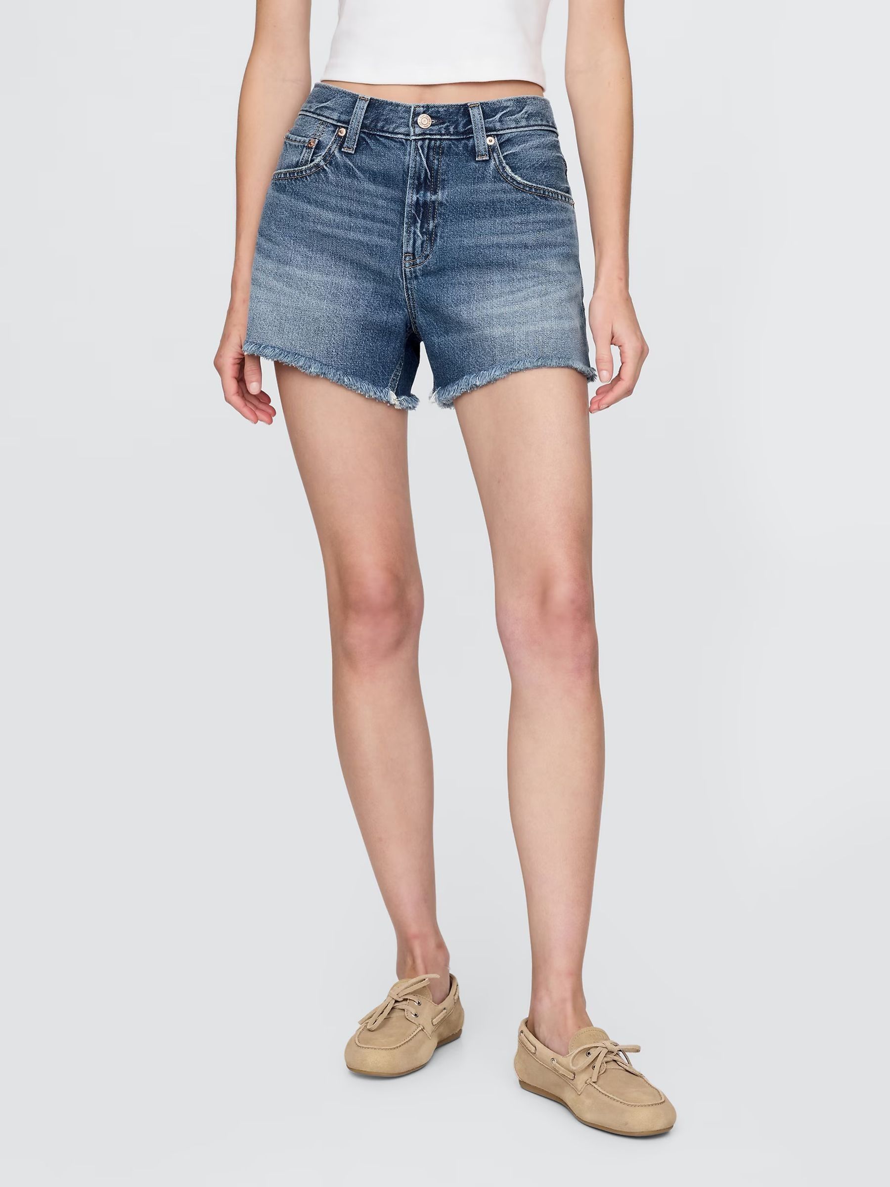 Medium Wash 4inch Mid Rise UltraSoft Relaxed Cut off Shorts - Image 1 of 6