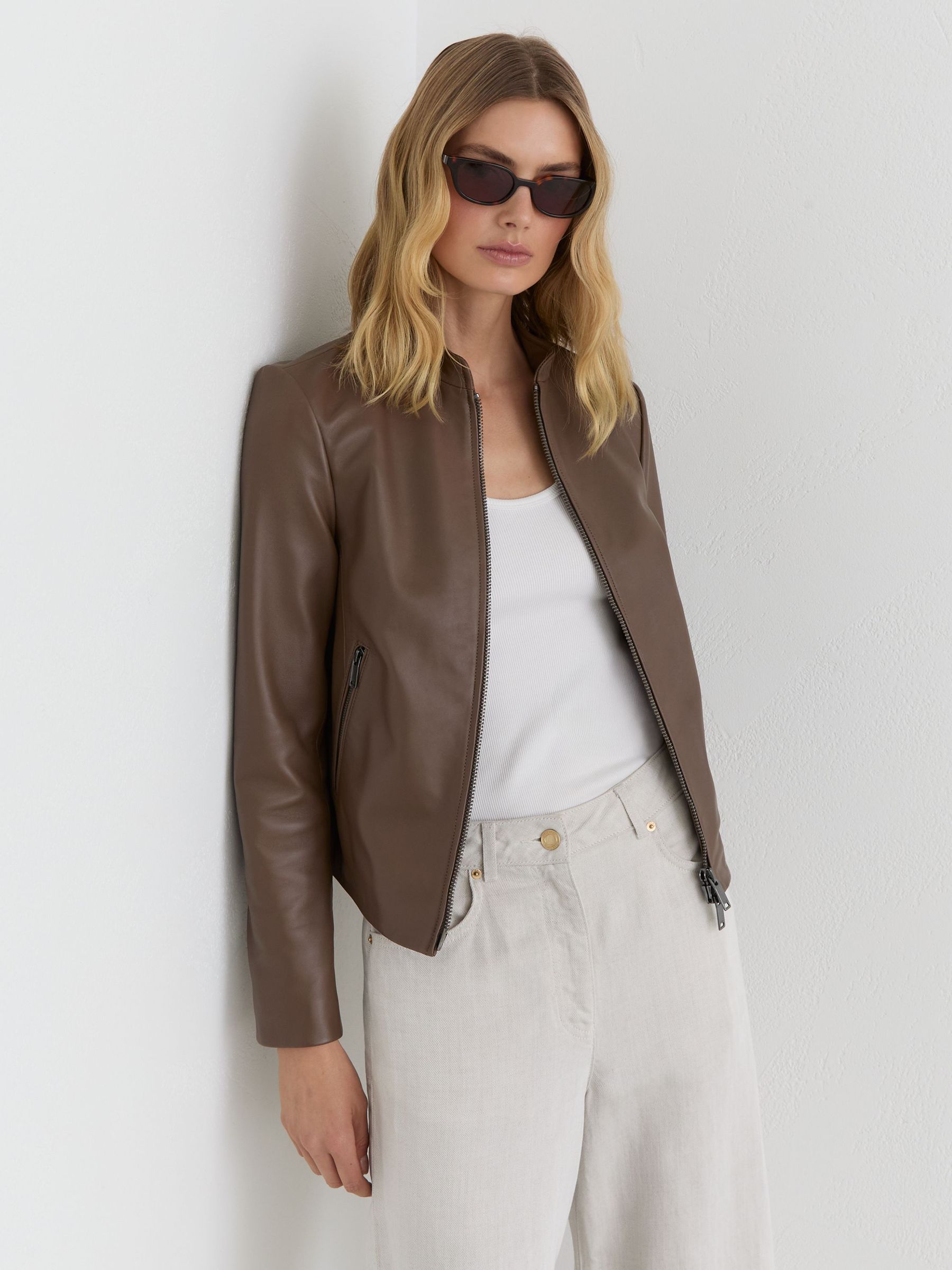 Petite Leather Collarless Biker Jacket in Taupe Neutral - image 2