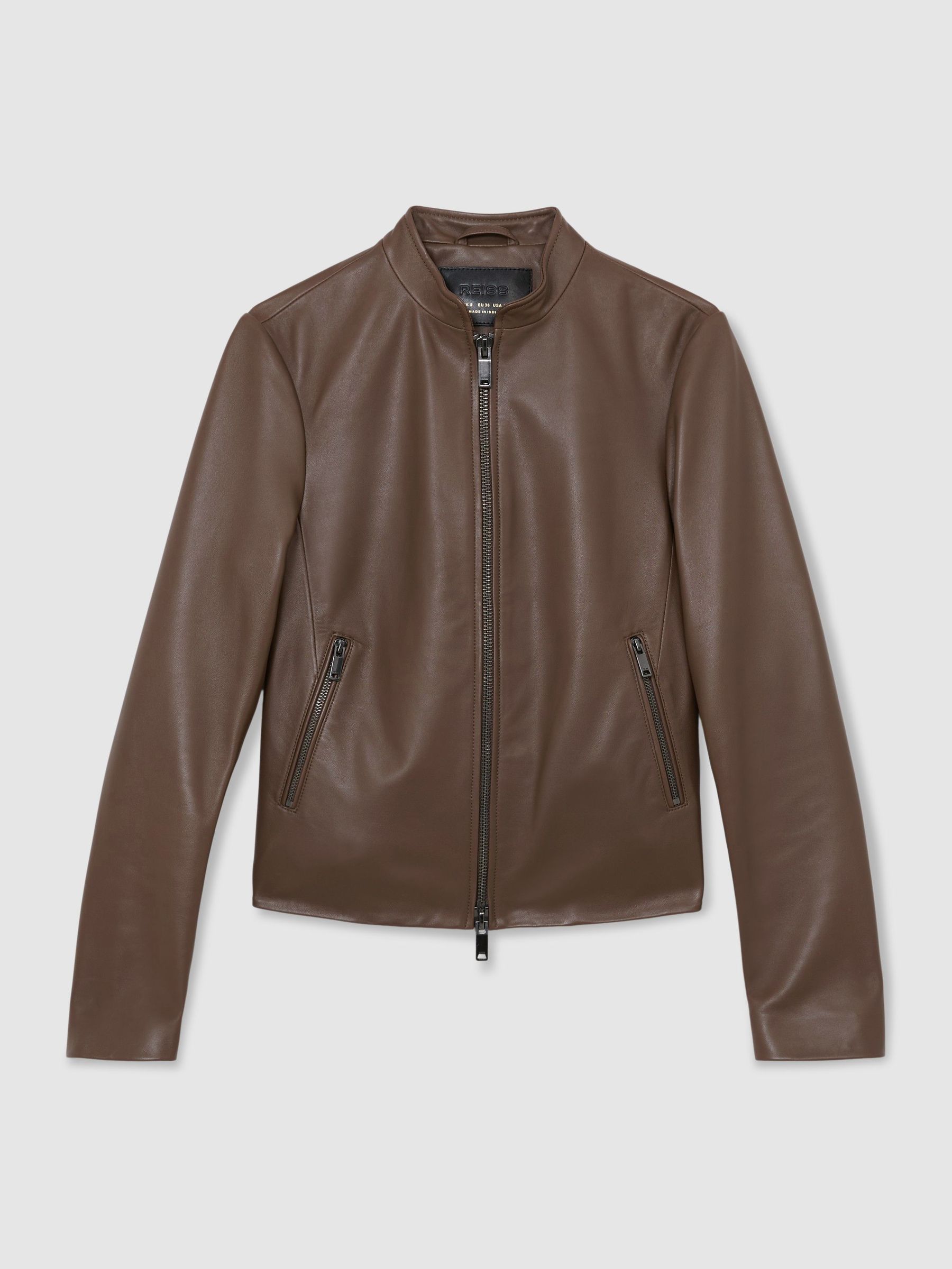 Petite Leather Collarless Biker Jacket in Taupe Neutral - Image 2 of 7 Petite Leather Collarless Biker Jacket in Taupe Neutral - Image 2 of 7