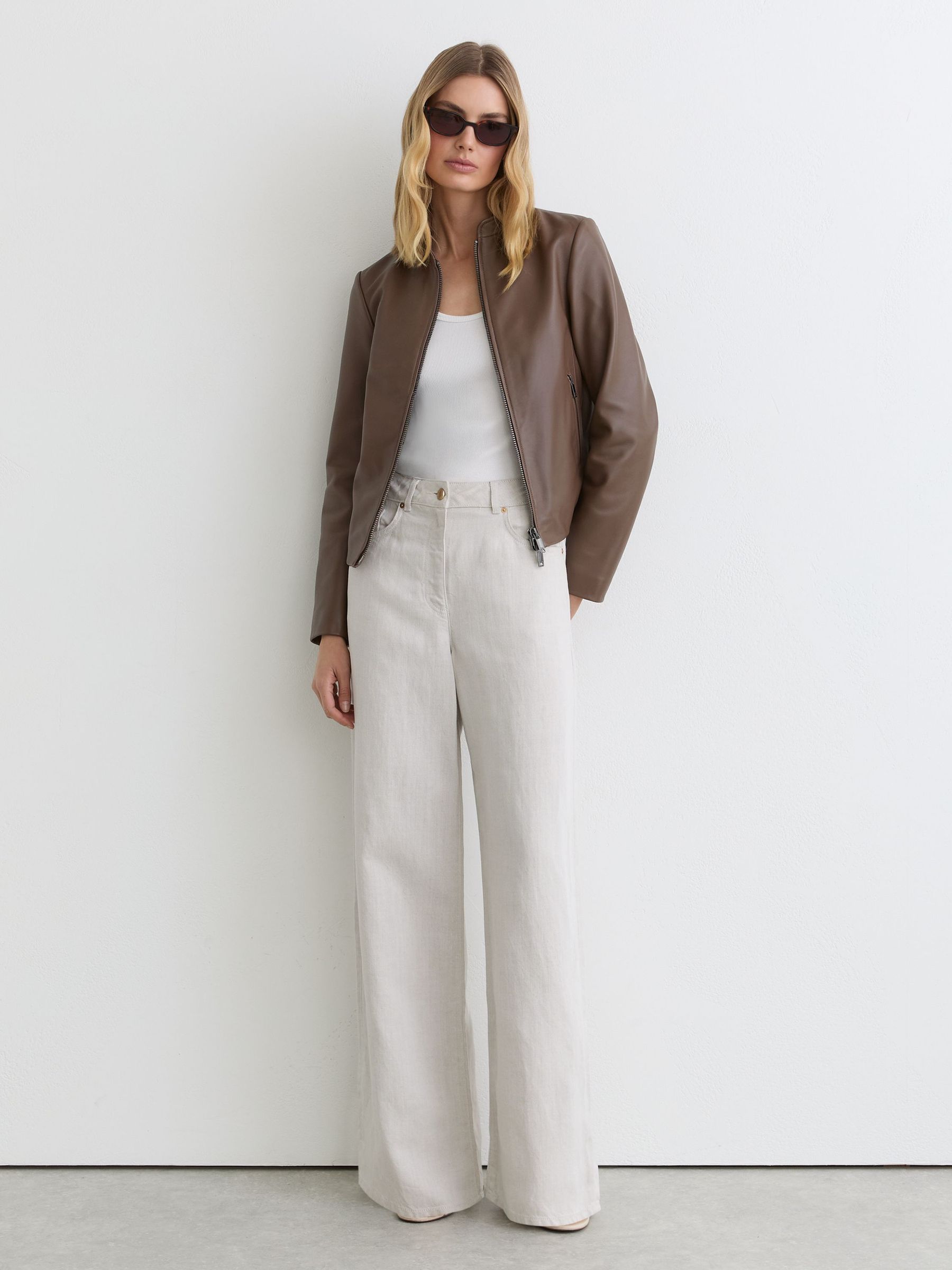 Petite Leather Collarless Biker Jacket in Taupe Neutral - Image 3 of 7