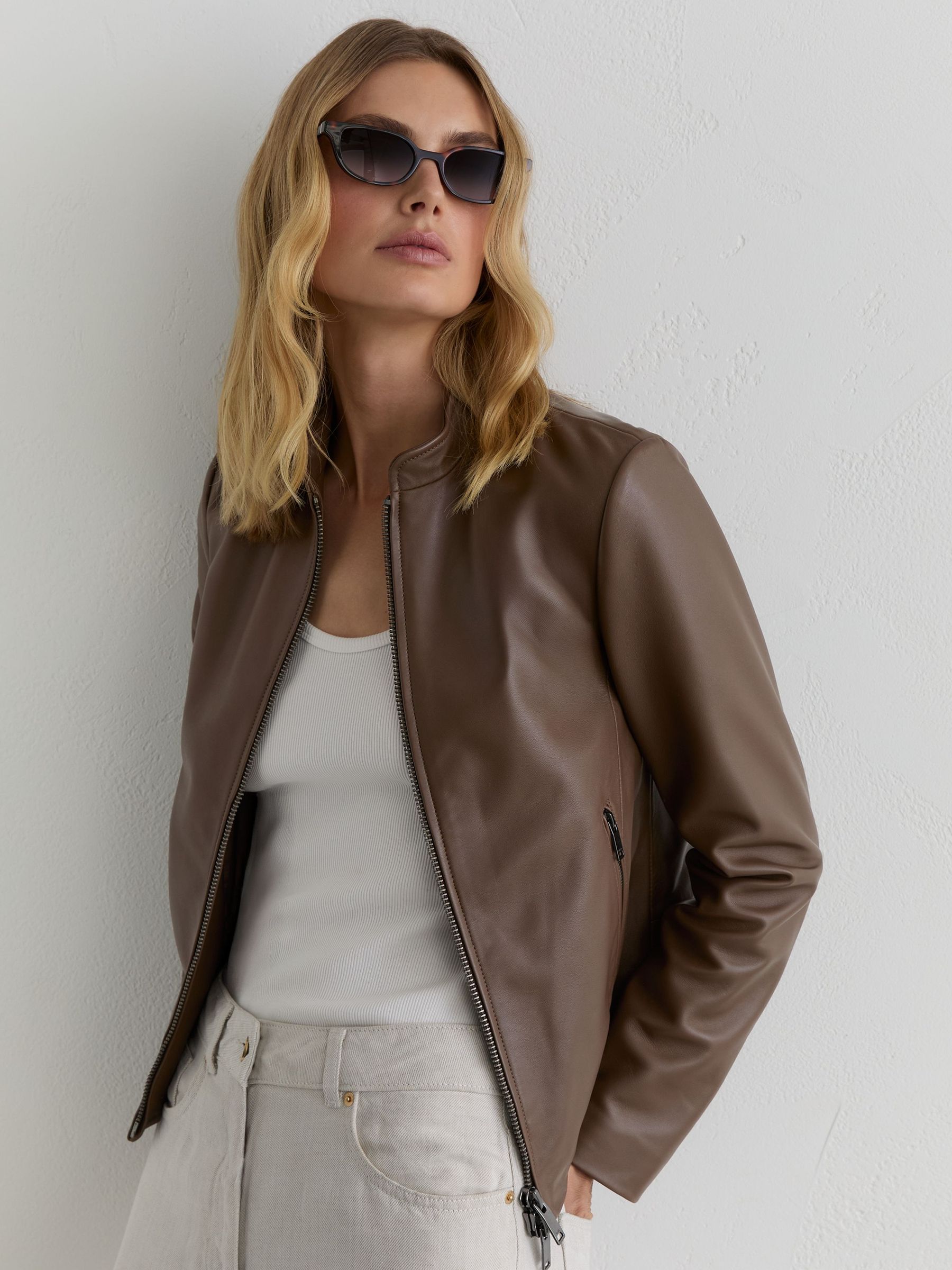Petite Leather Collarless Biker Jacket in Taupe Neutral - Image 5 of 7