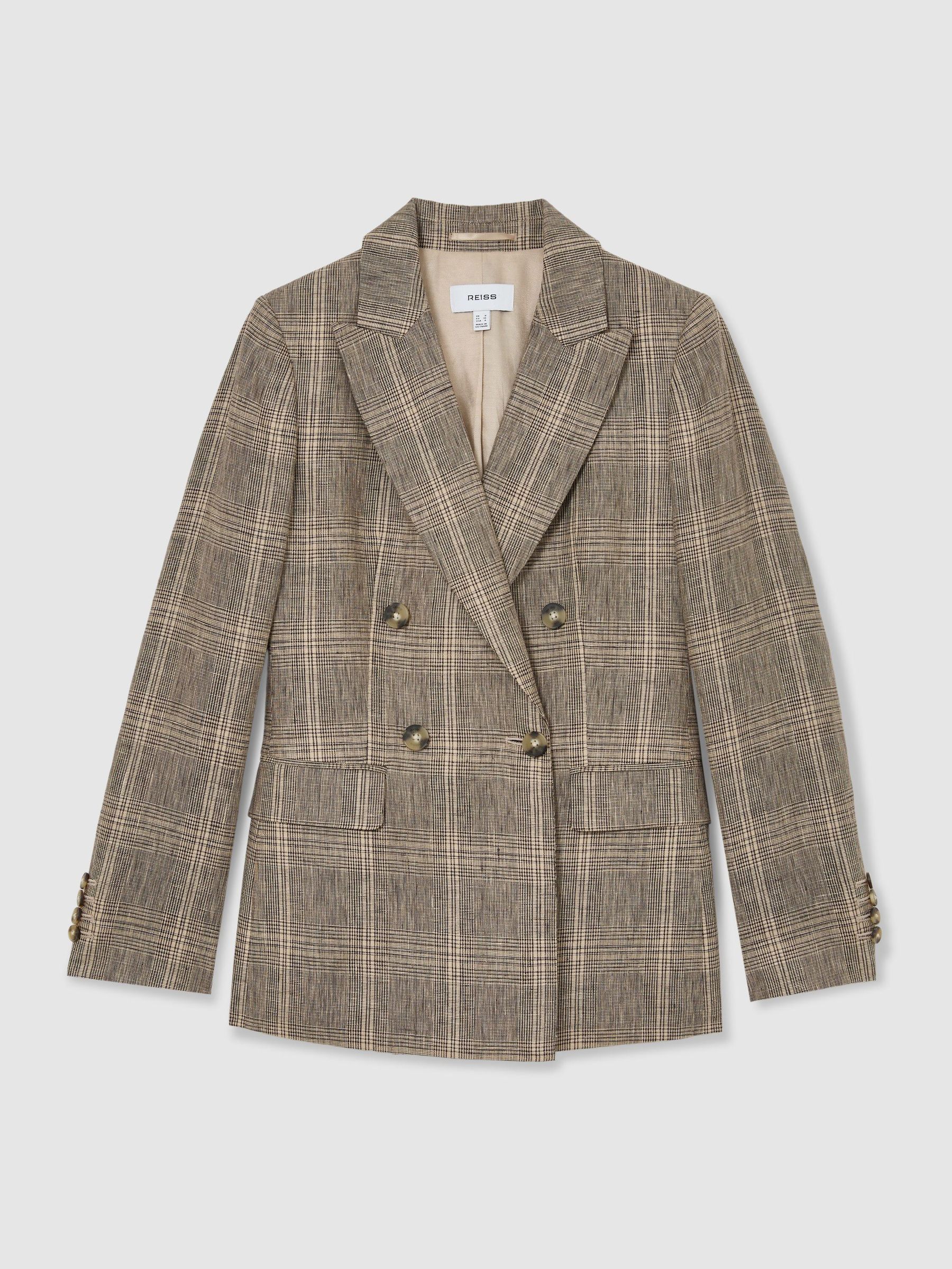 Linen Double-Breasted Check Blazer in Neutral Check - Image 2 of 5