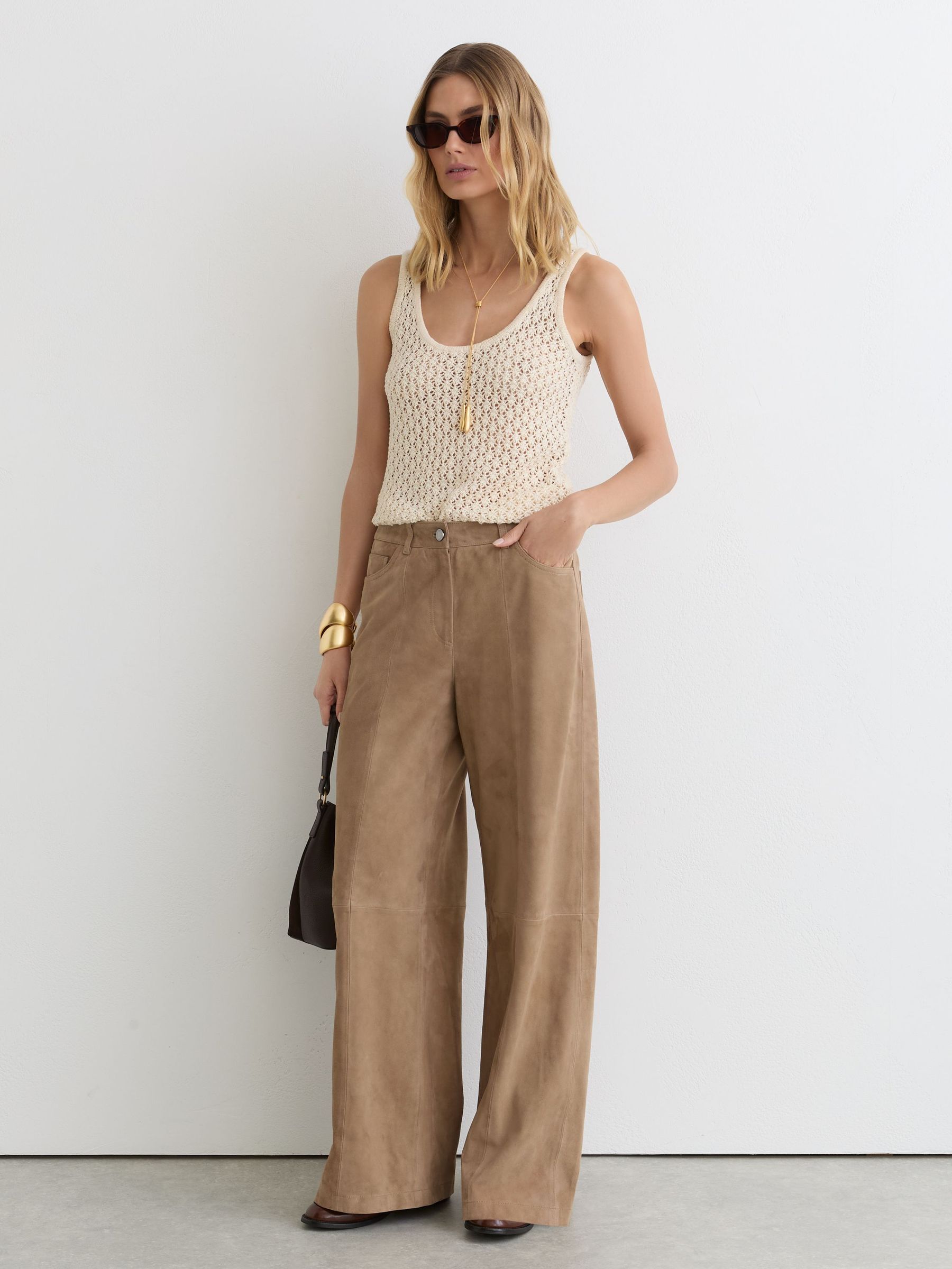 Suede Wide-Leg Trousers in Sand - Image 1 of 6