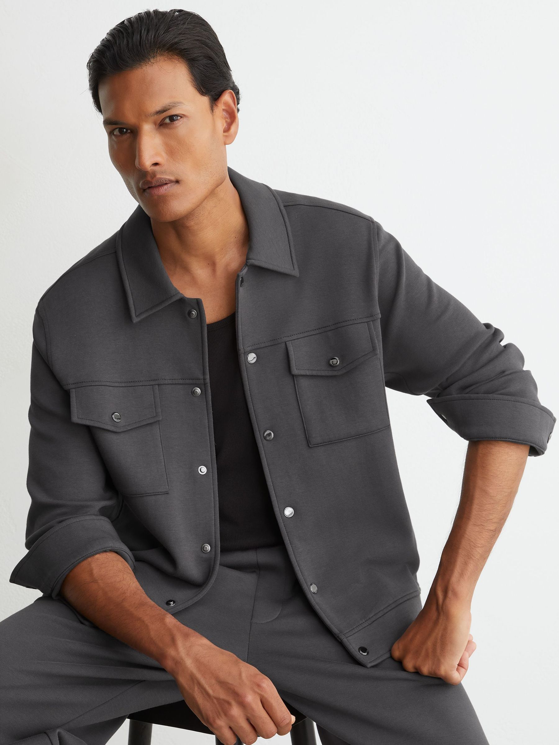 Premium Interlock Twin-Pocket Overshirt in Charcoal Grey - Image 1 of 8
