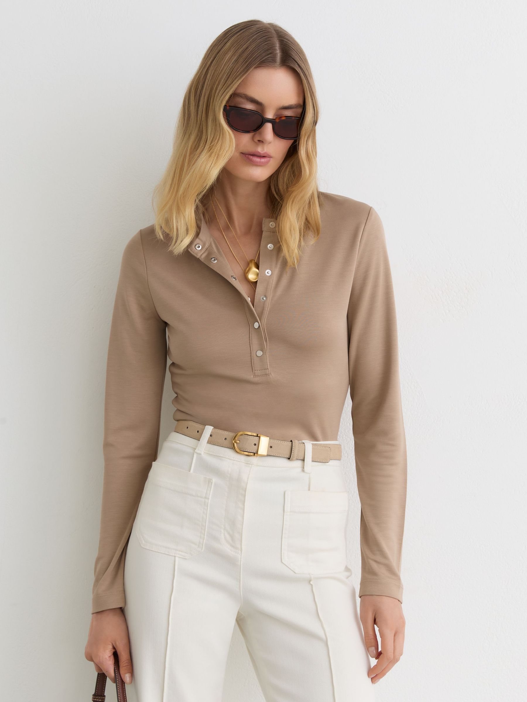 Jersey Long-Sleeve Henley Top in Camel - image 2
