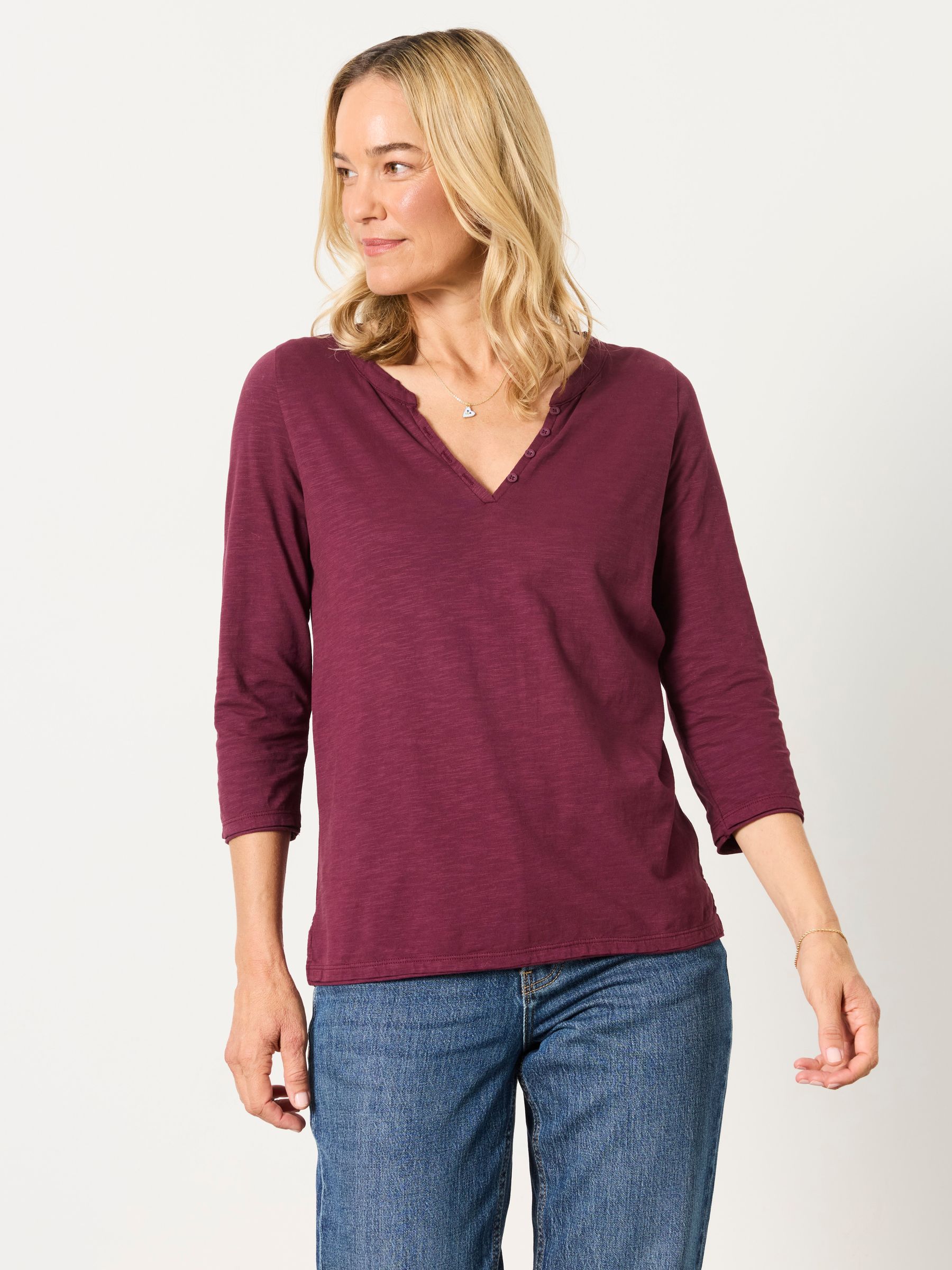 Aster Dark Purple 3/4 Sleeve V-Neck T-Shirt - Image 1 of 6 Aster Dark Purple 3/4 Sleeve V-Neck T-Shirt - Image 1 of 6