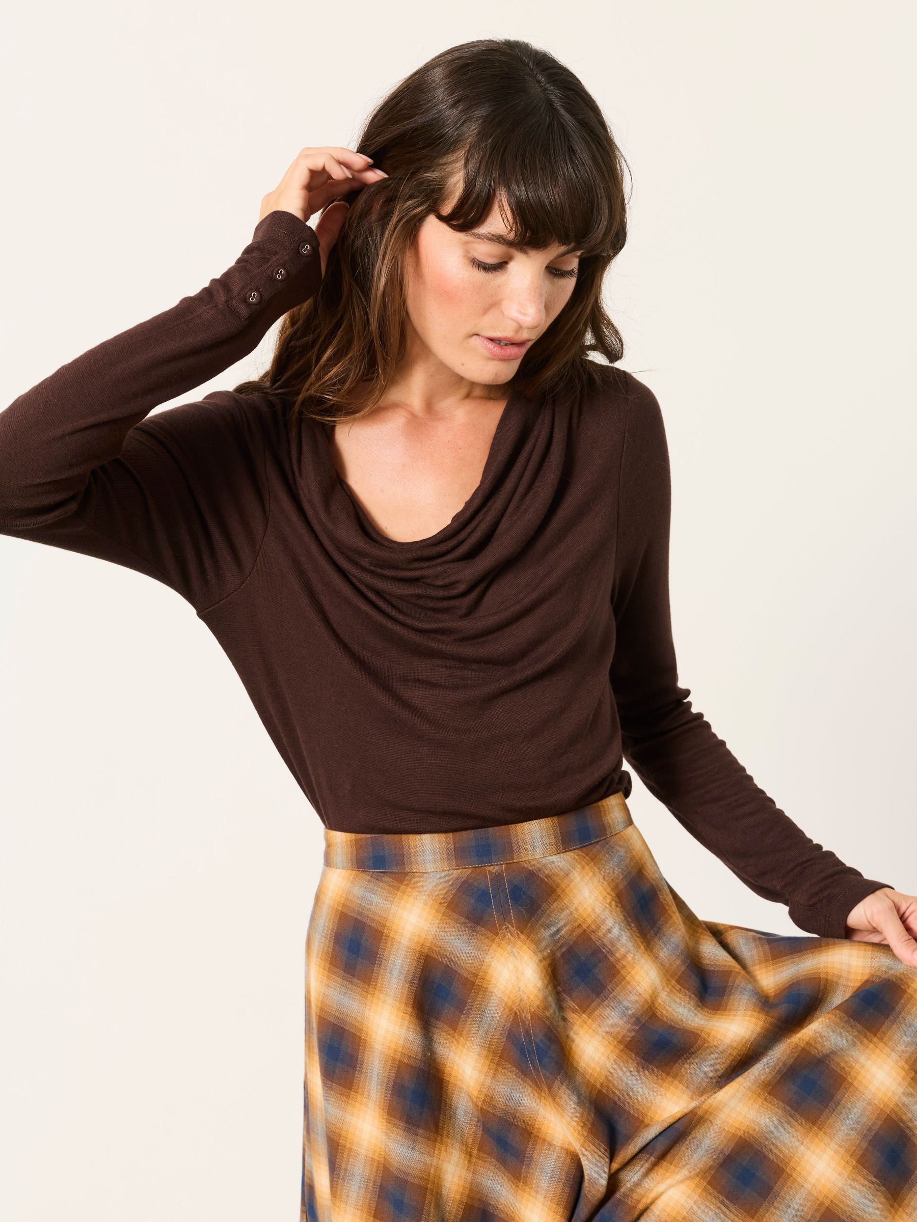 Lola Chocolate Brown Long Sleeve Cowl Neck Top - Image 1 of 6