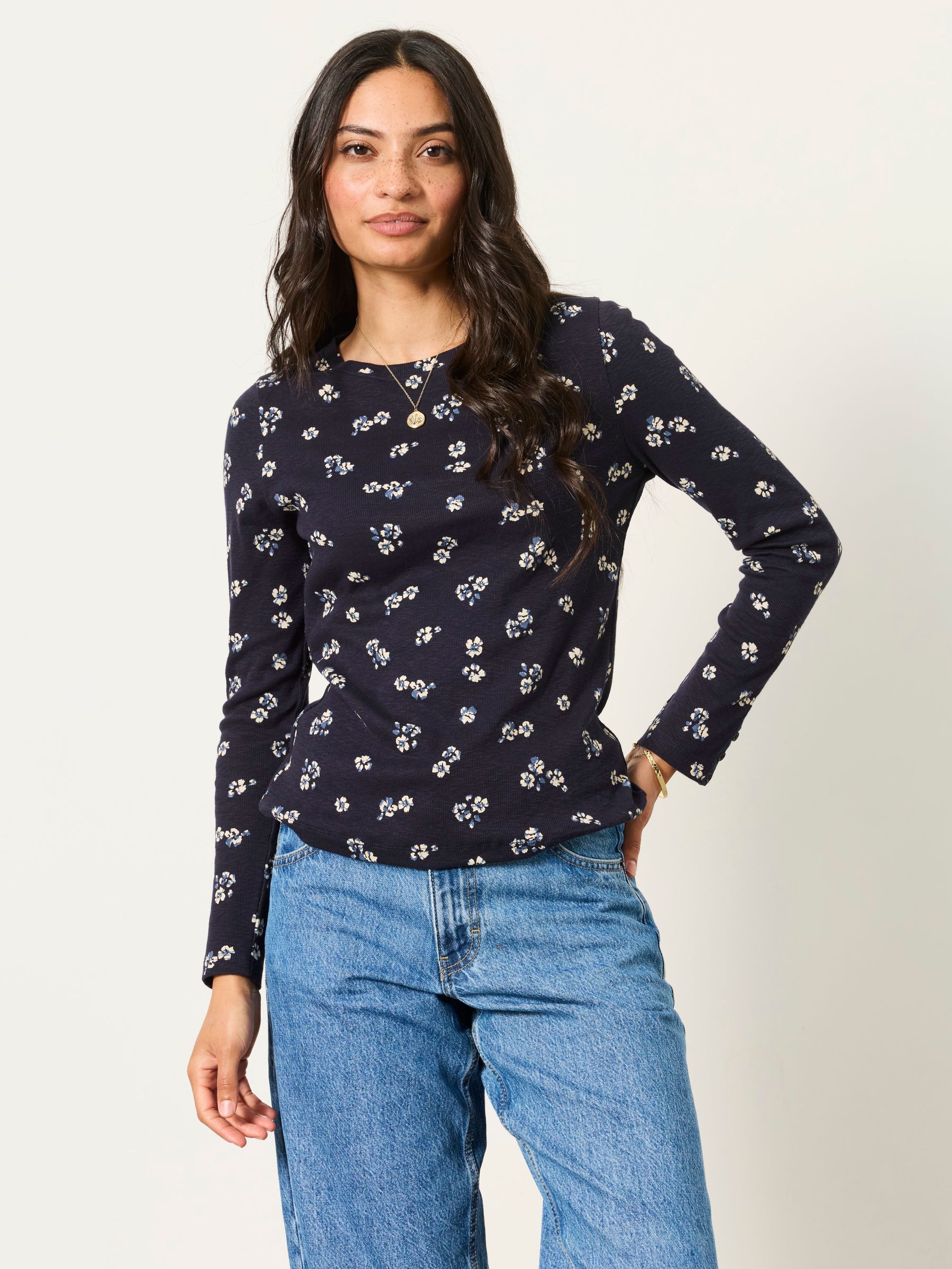 Callie Navy Ditsy Floral Long Sleeve Top - Image 1 of 6
