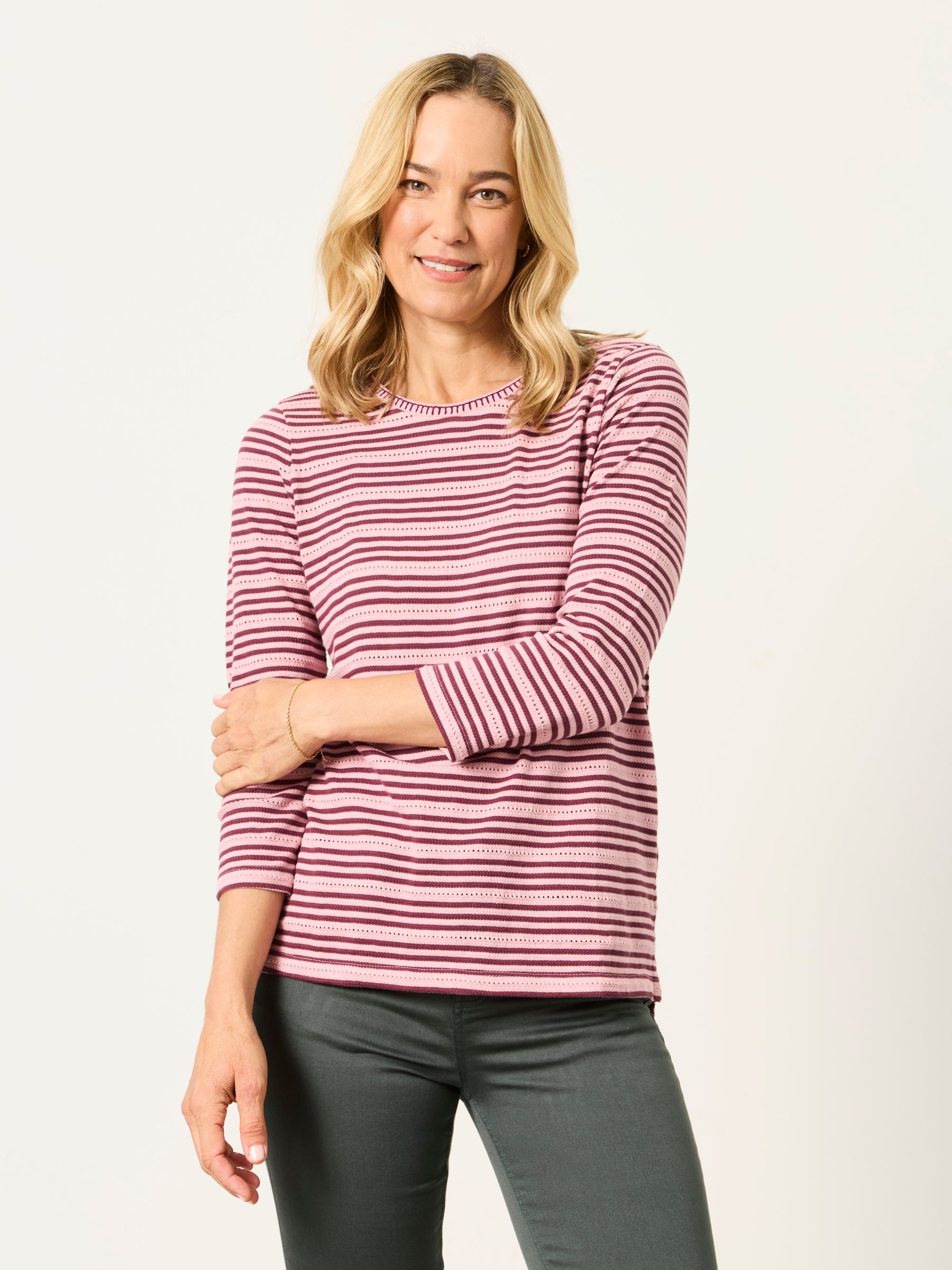 Natalie Dusky Pink Textured Stripe 3/4 Sleeve T-Shirt - Image 1 of 5