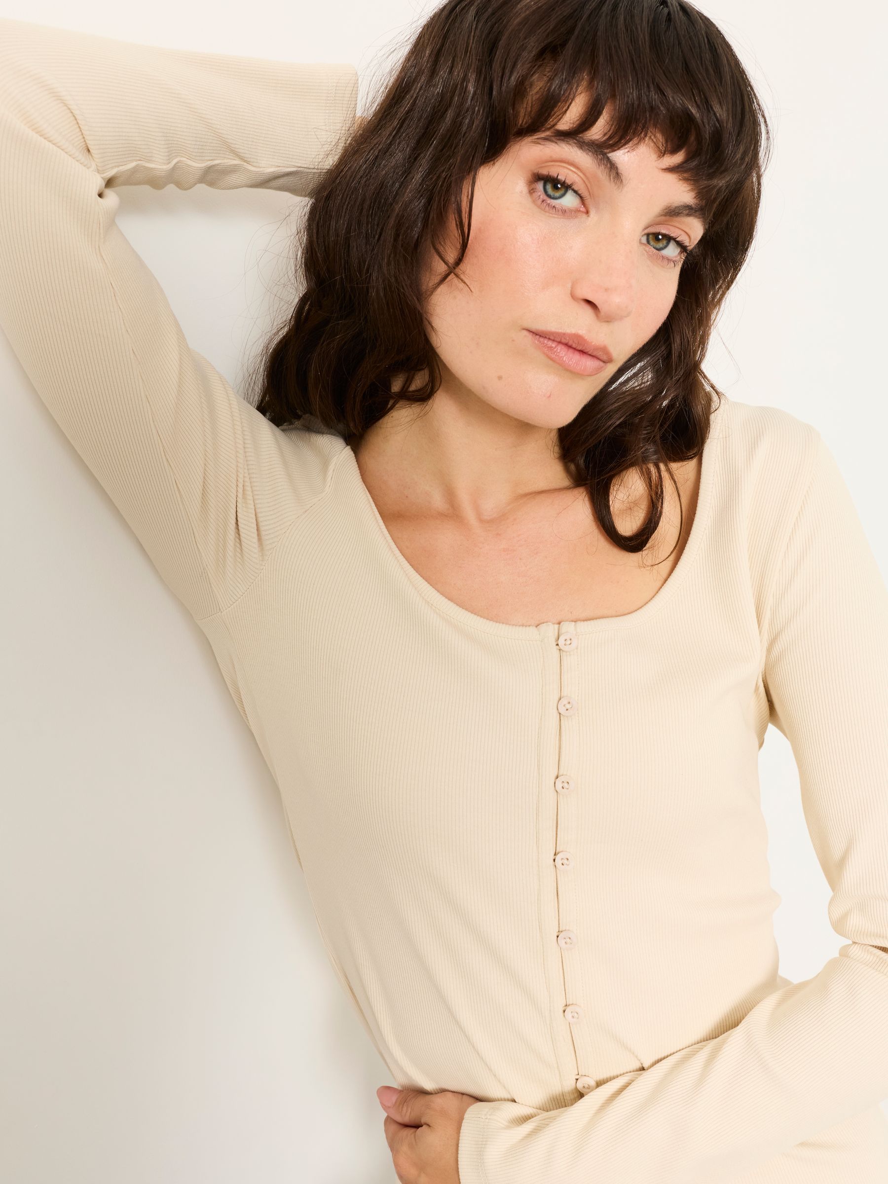 Bethan Ecru Button Ribbed Long Sleeve Top - Image 3 of 5