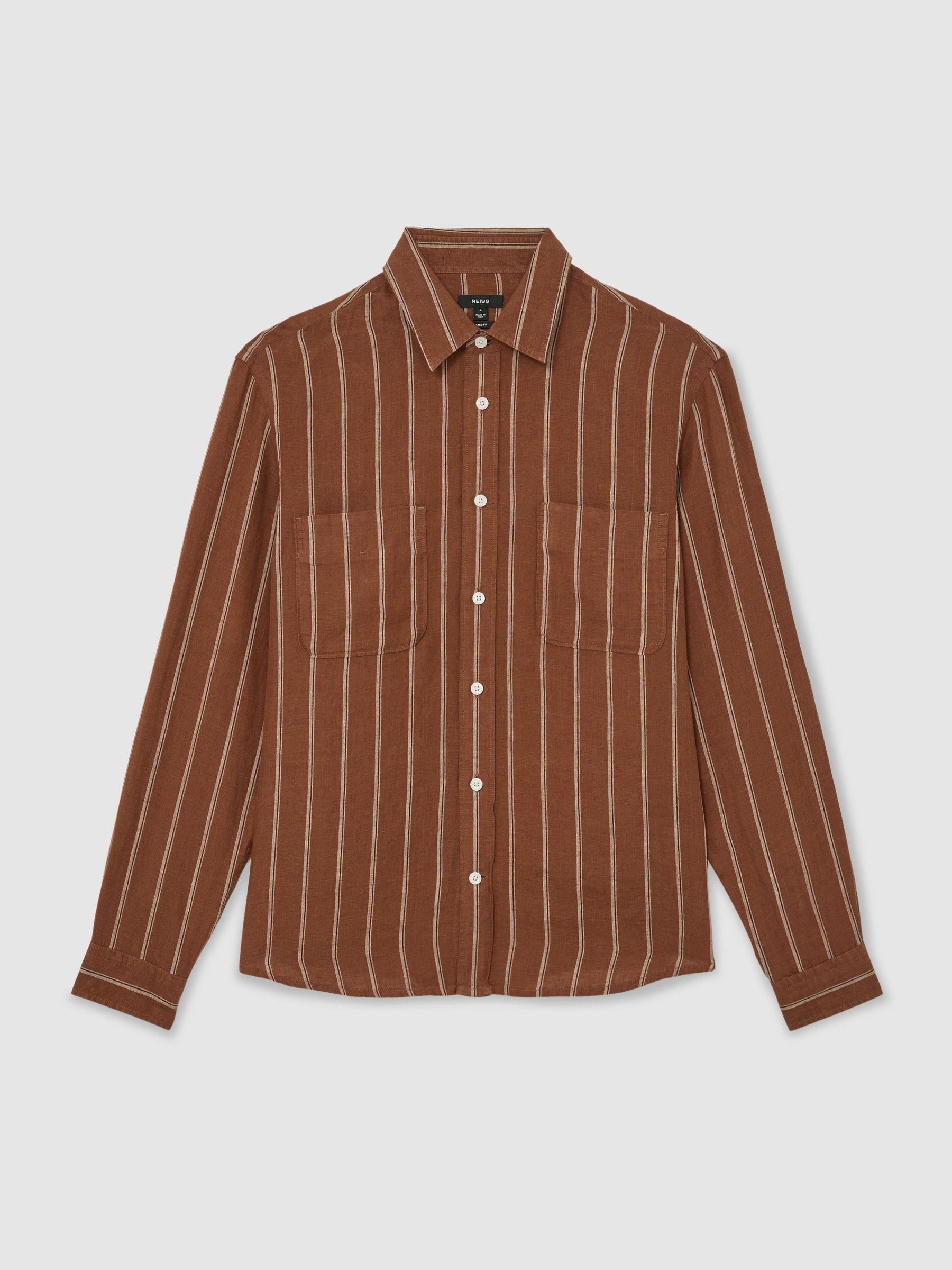 Linen Striped Regular-Fit Shirt in Tobacco/White - Image 2 of 8