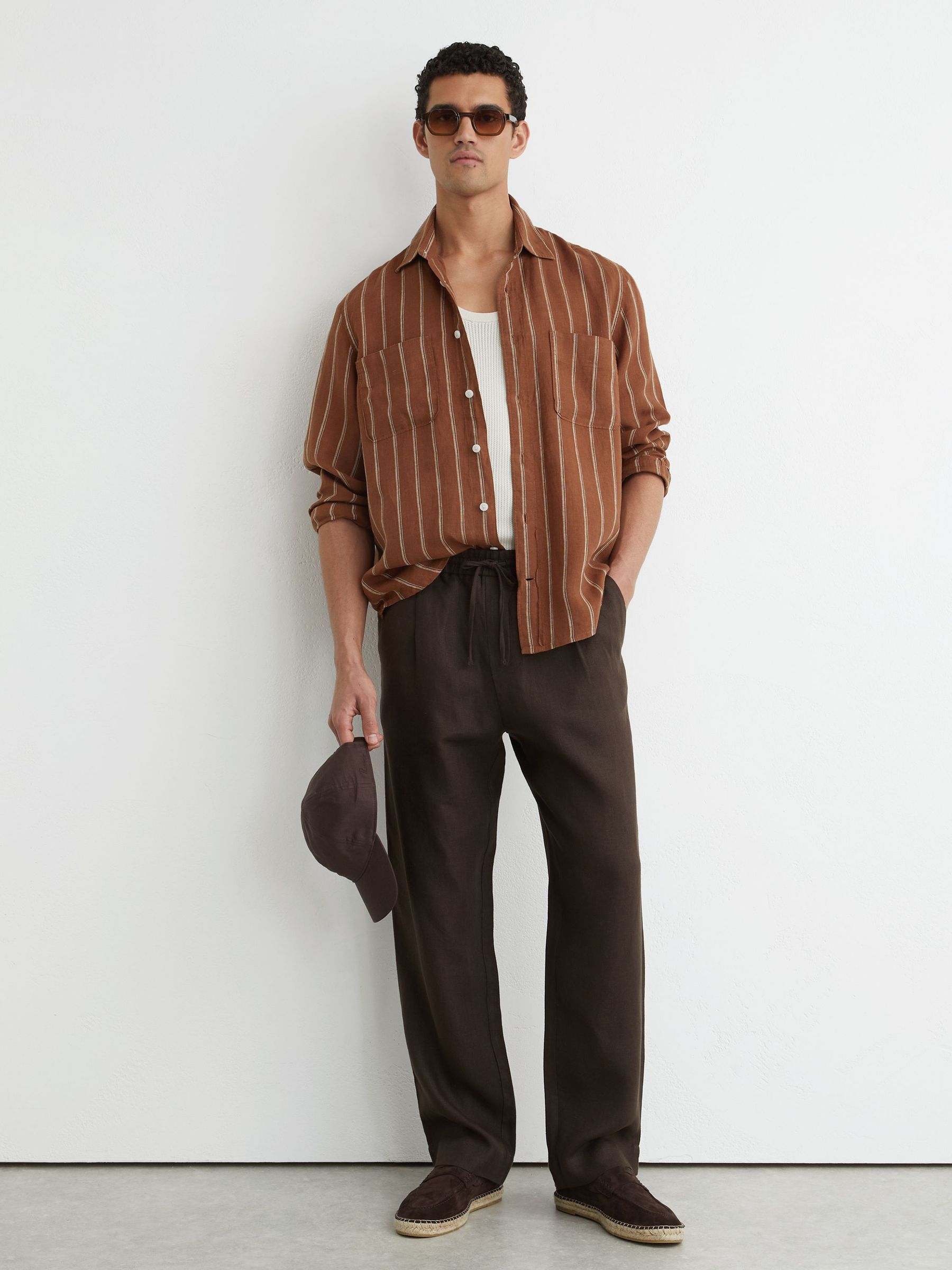 Linen Striped Regular-Fit Shirt in Tobacco/White - Image 3 of 8