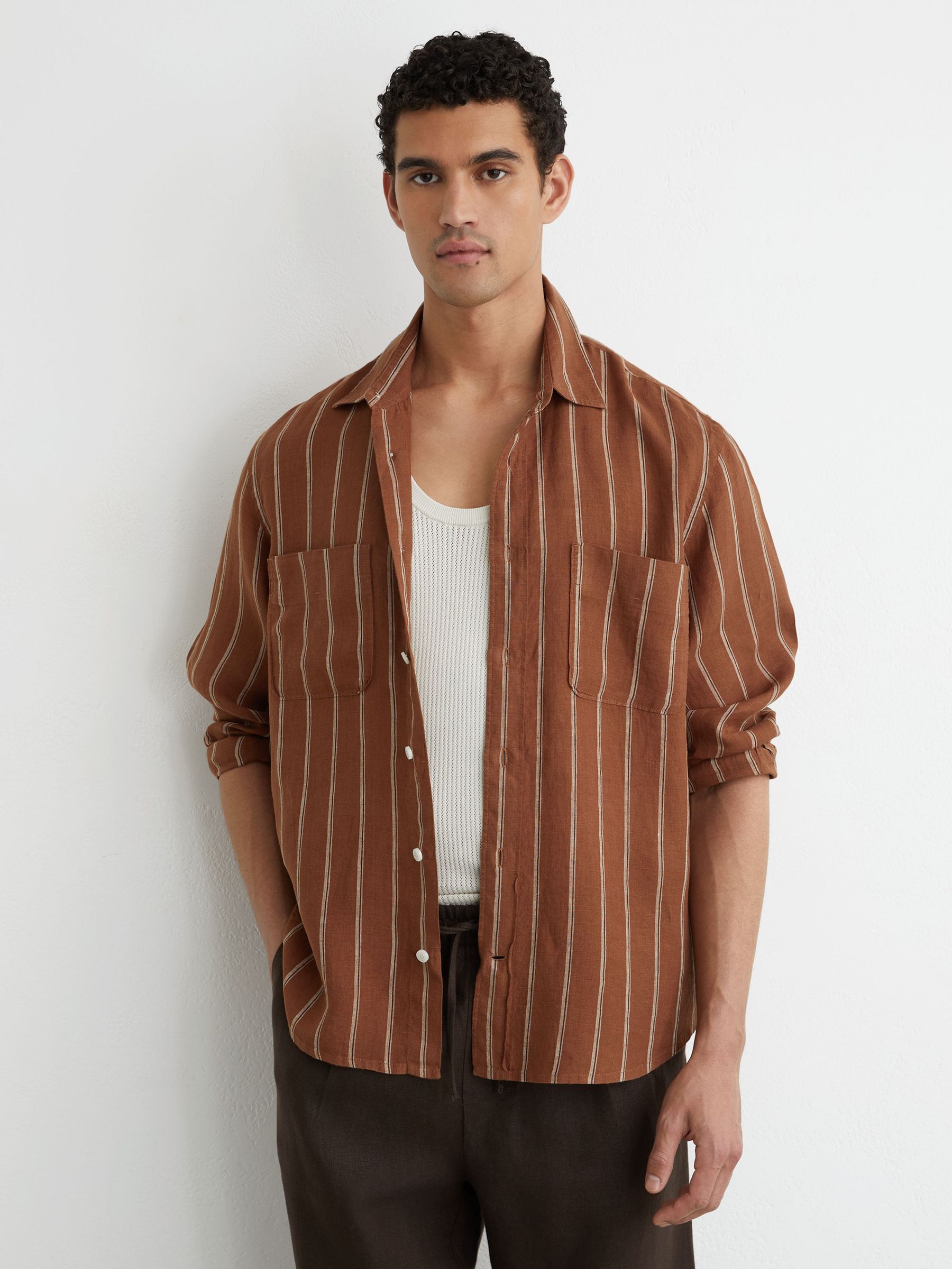 Linen Striped Regular-Fit Shirt in Tobacco/White - Image 5 of 8