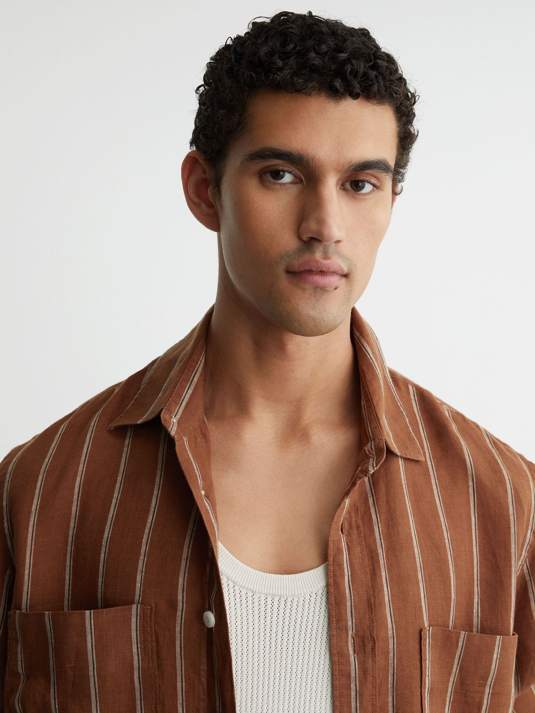 Linen Striped Regular-Fit Shirt in Tobacco/White - Image 6 of 8
