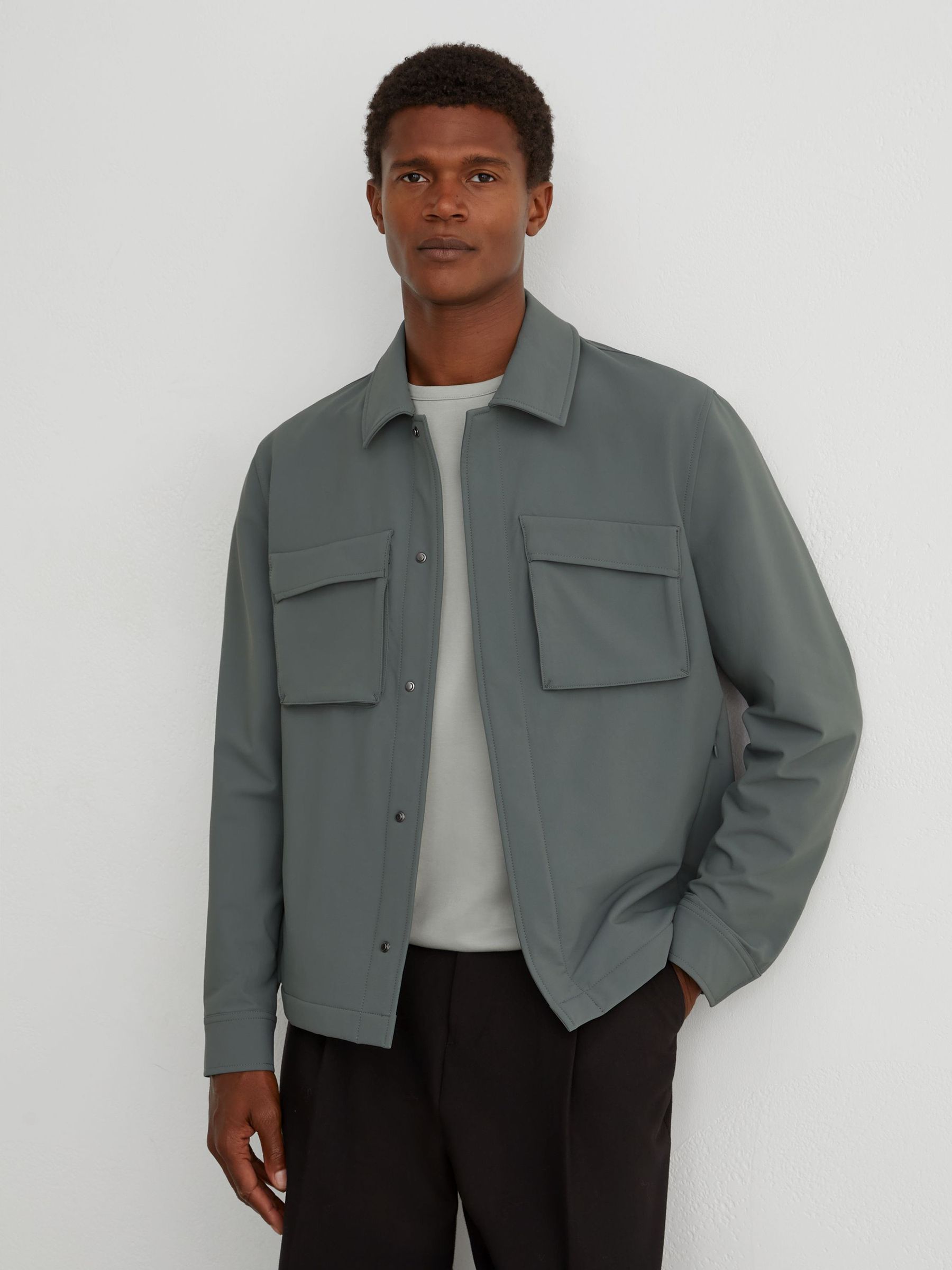 Technical Twin-Pocket Overshirt in Soft Sage Green - Image 1 of 8 Technical Twin-Pocket Overshirt in Soft Sage Green - Image 1 of 8