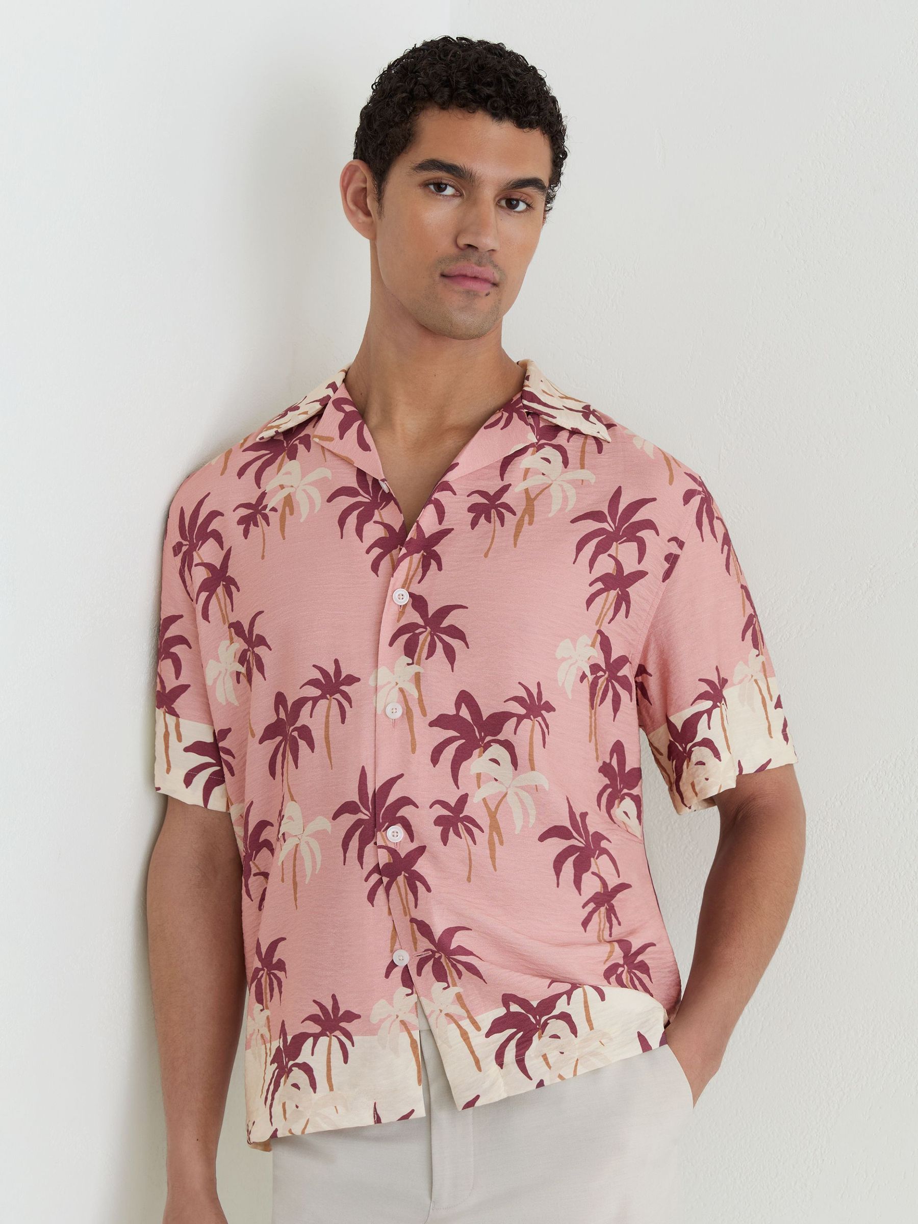 Palm-Print Cuban-Collar Shirt in Pink - Image 1 of 6