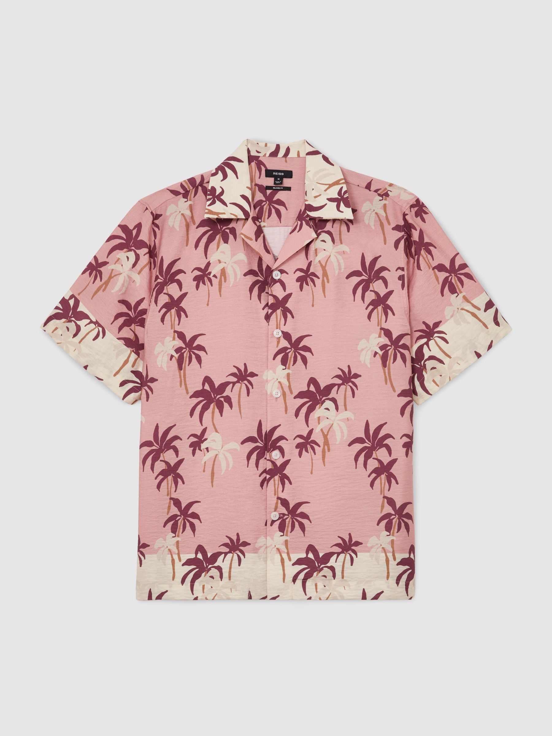 Palm-Print Cuban-Collar Shirt in Pink - Image 2 of 6