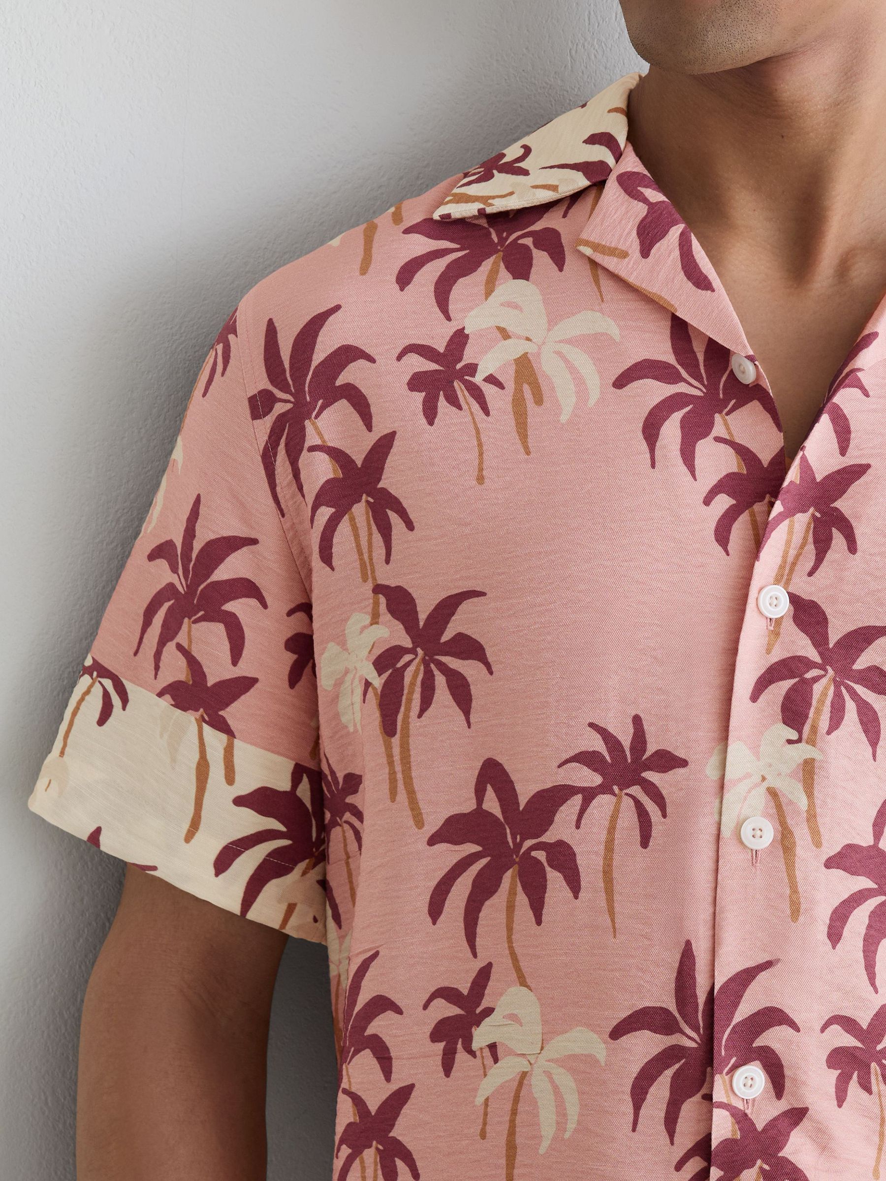 Palm-Print Cuban-Collar Shirt in Pink - Image 3 of 6