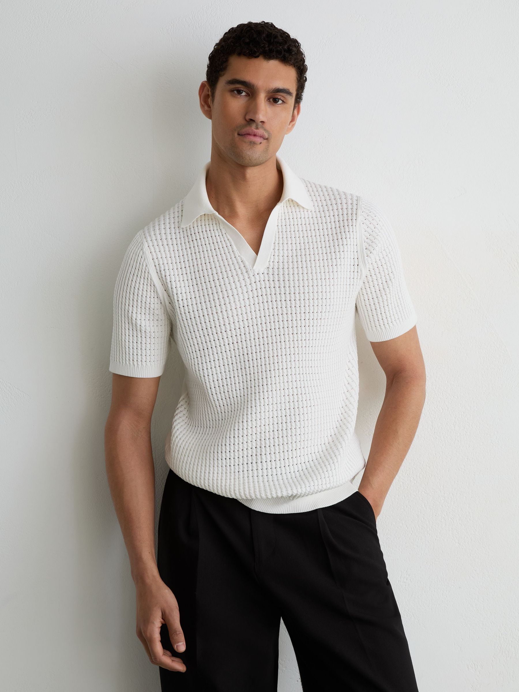 Micro-Cable Knit Open-Collar Polo in White - Image 1 of 6