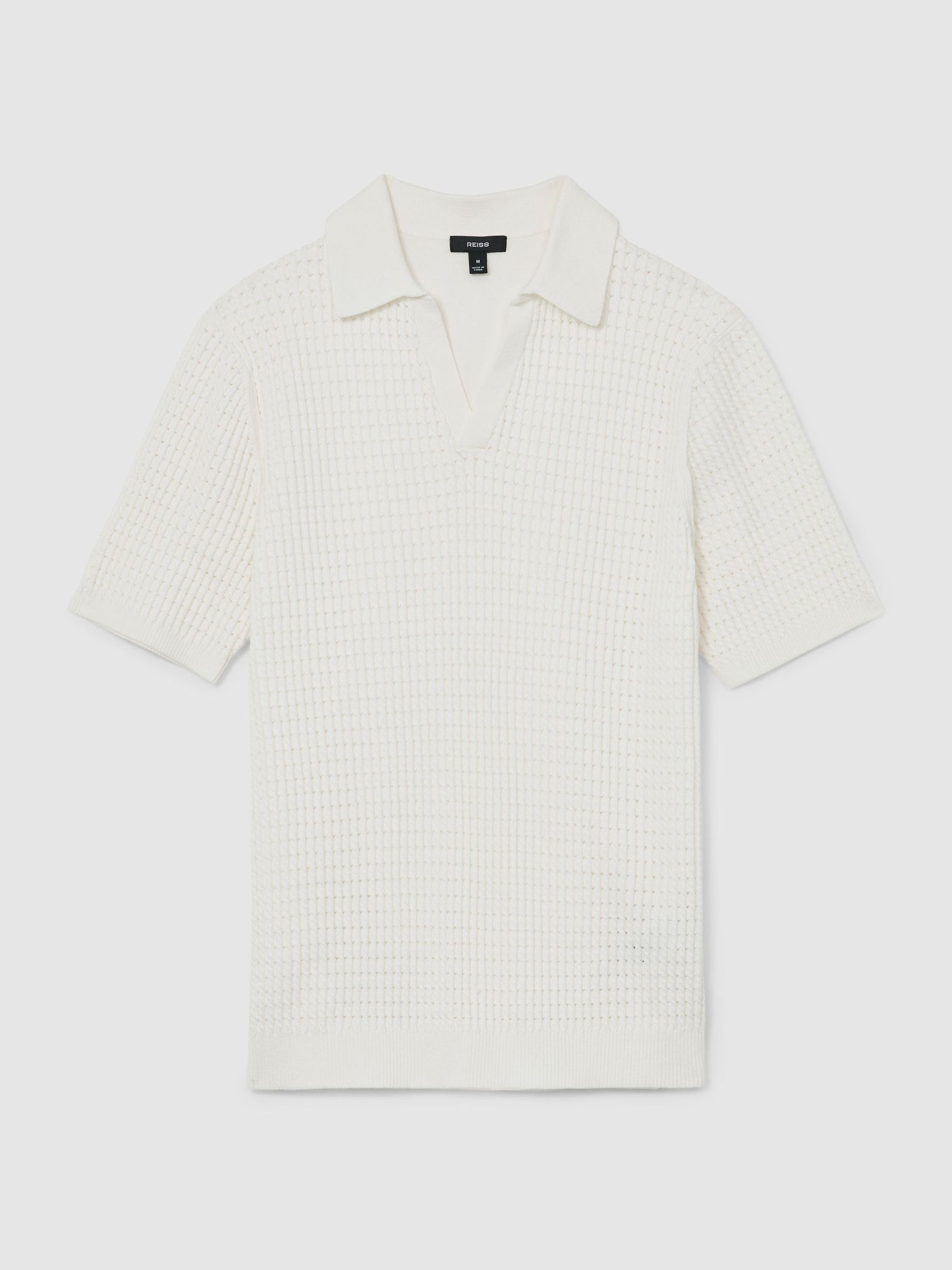 Micro-Cable Knit Open-Collar Polo in White - Image 2 of 6