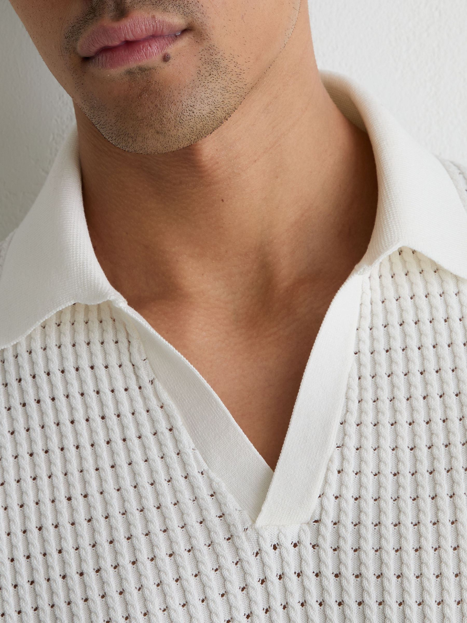 Micro-Cable Knit Open-Collar Polo in White - Image 3 of 6