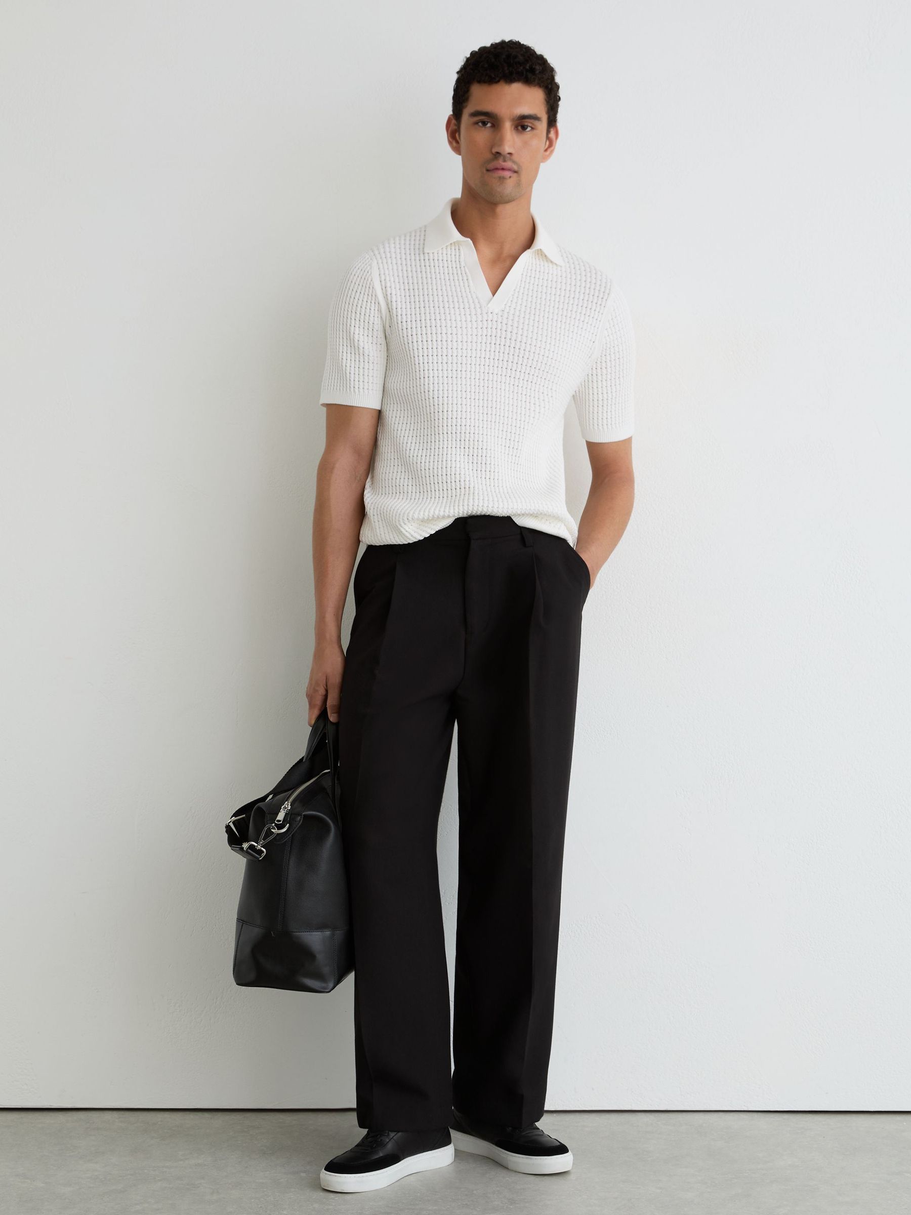 Micro-Cable Knit Open-Collar Polo in White - Image 4 of 6