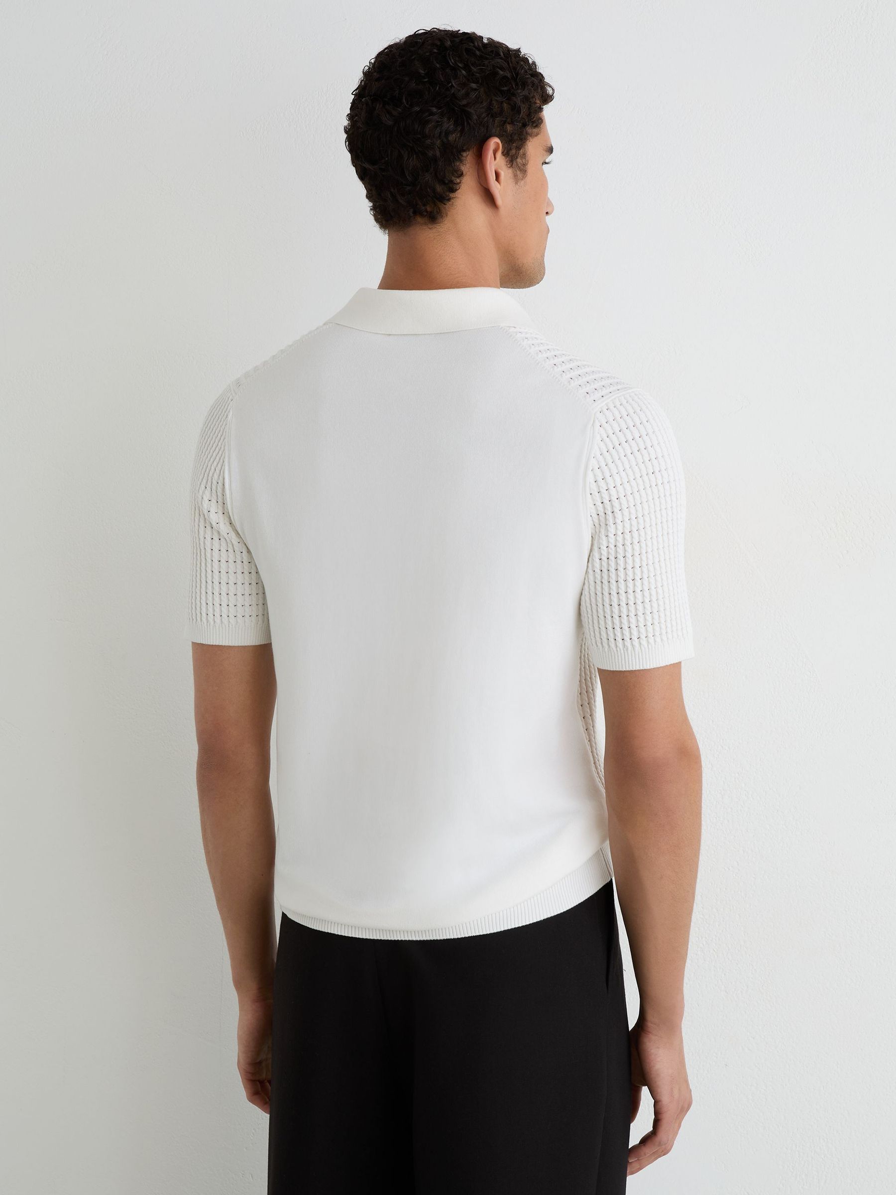 Micro-Cable Knit Open-Collar Polo in White - Image 5 of 6