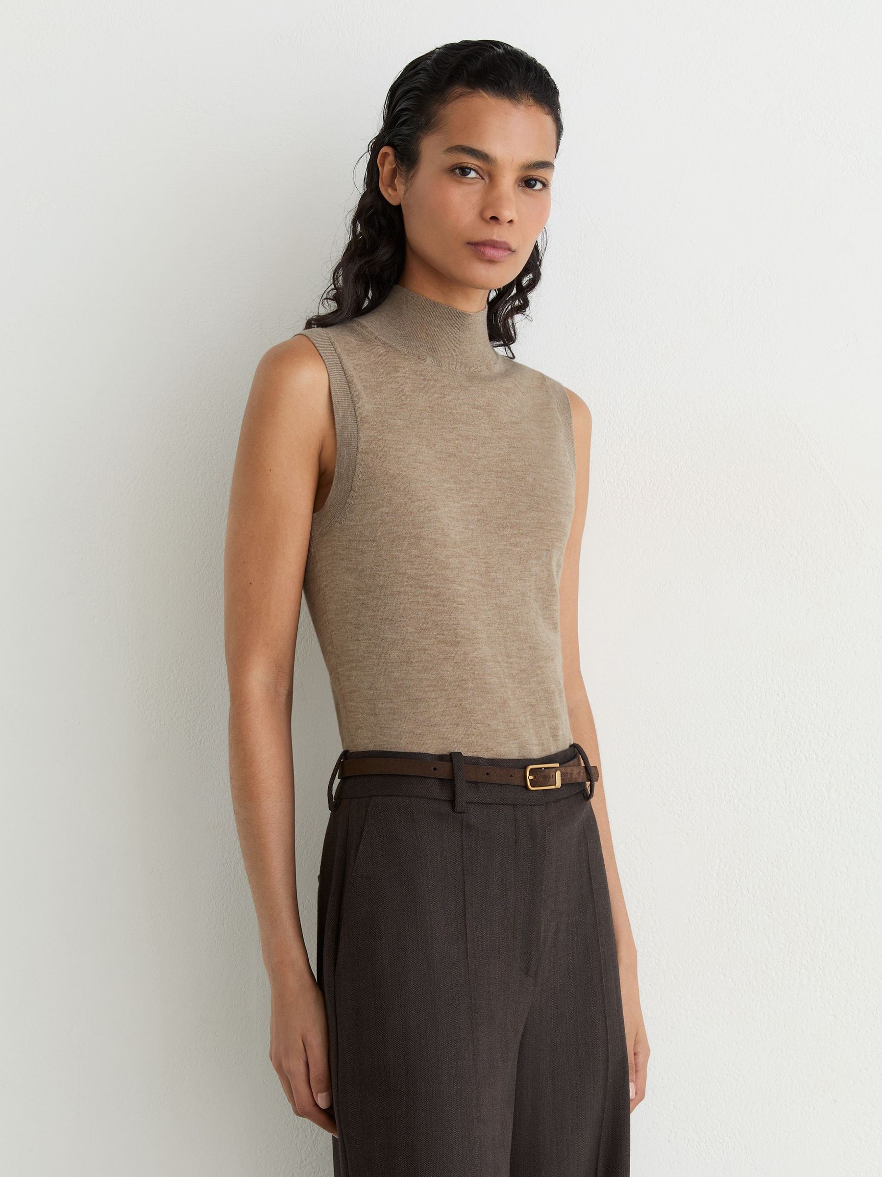 Merino Wool Funnel-Neck Sleeveless Top in Neutral - Image 5 of 6