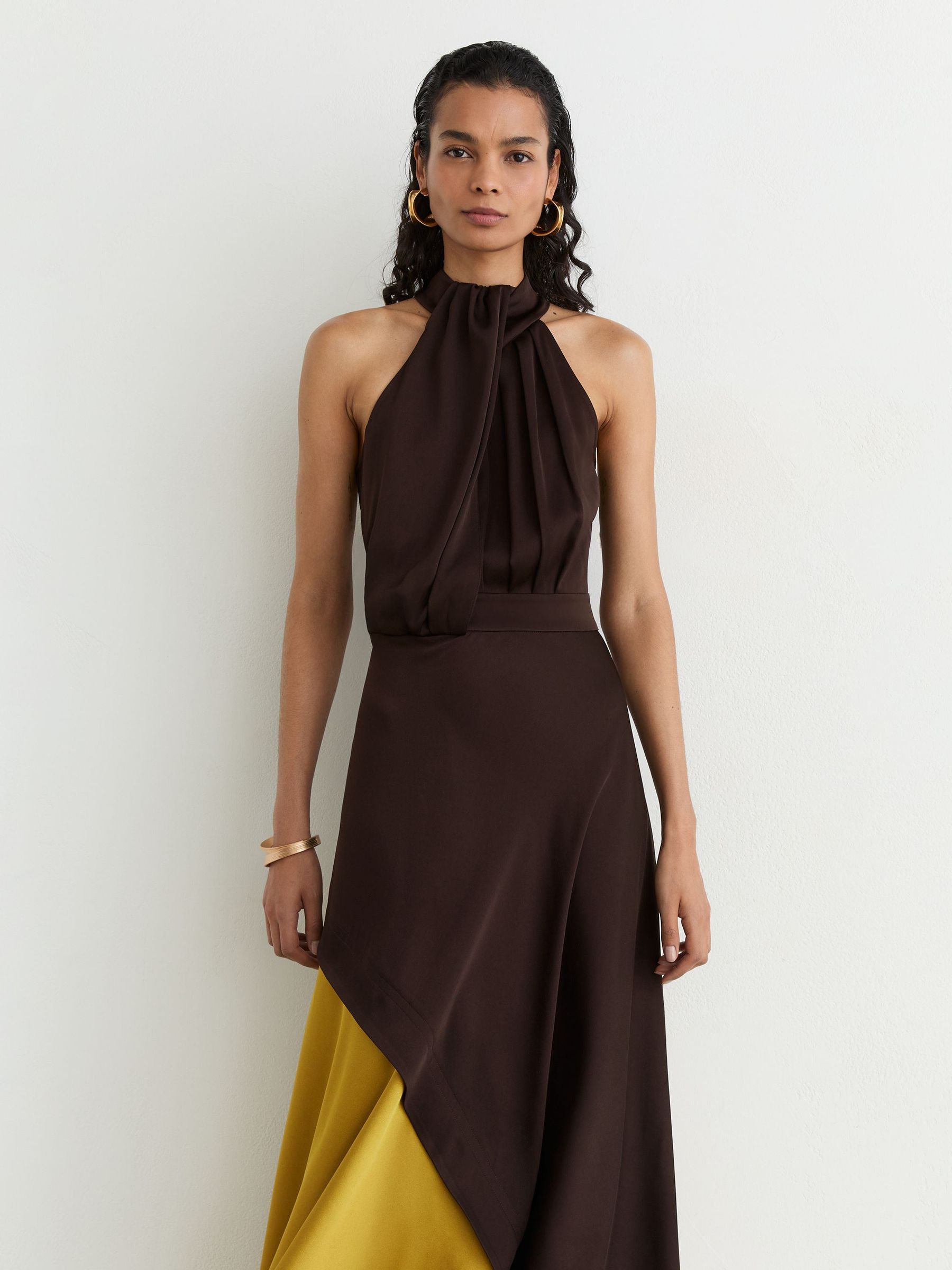 Colour-Block Layered Midi Dress in Burgundy/Green - Image 4 of 8