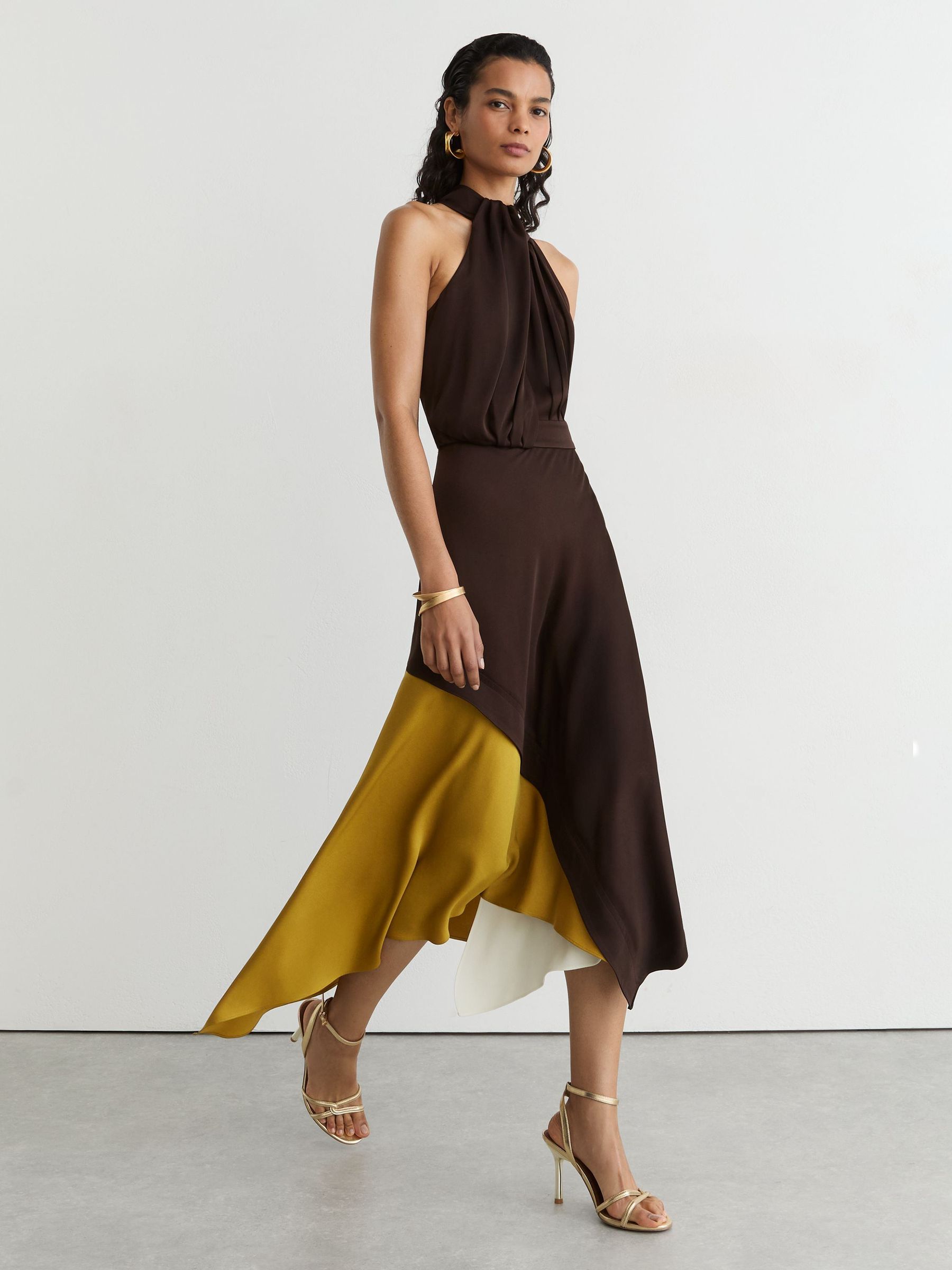 Colour-Block Layered Midi Dress in Burgundy/Green - Image 7 of 8