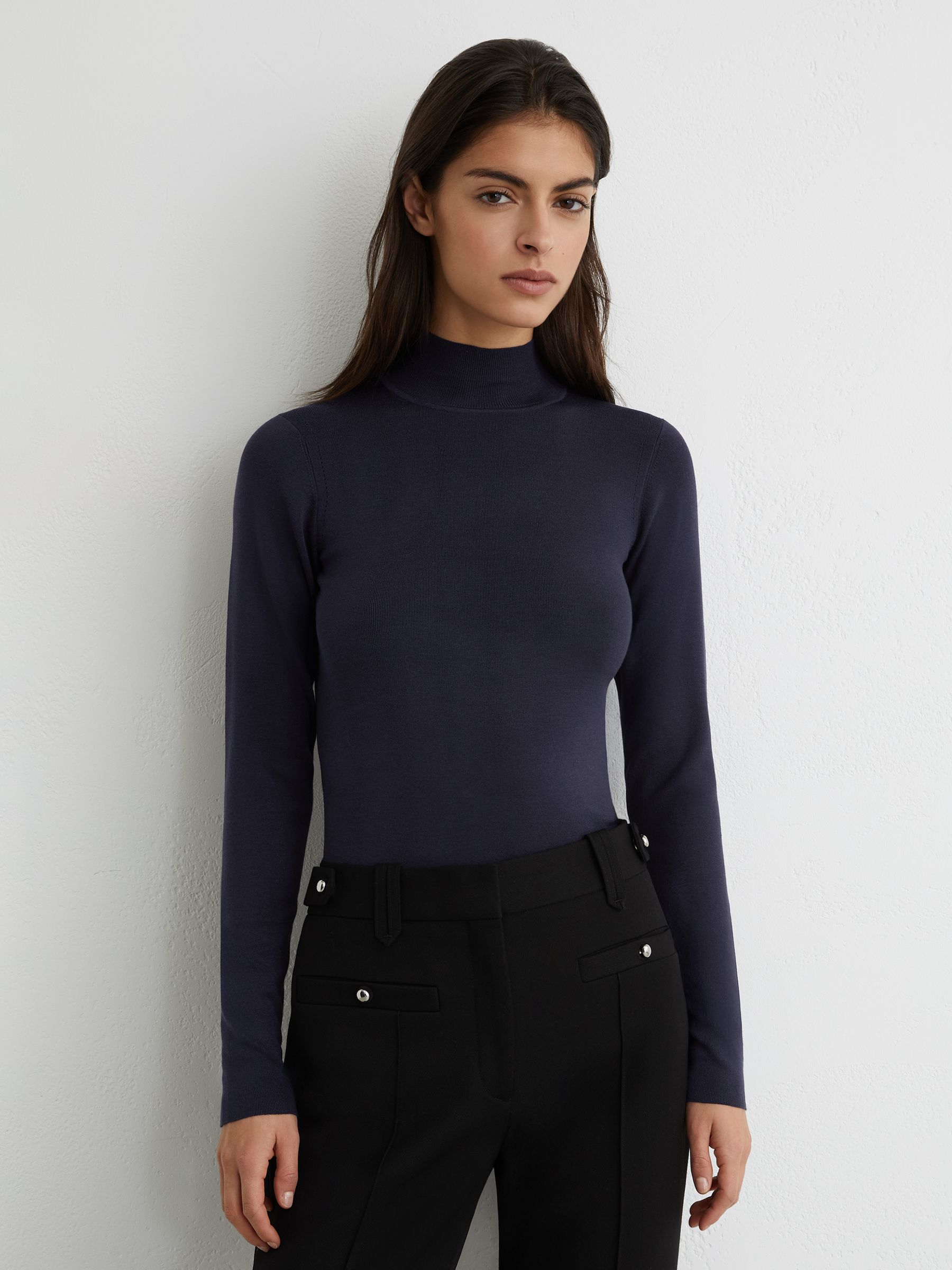 Atelier Silk-Blend Mock-Neck Top in Navy - Image 1 of 6