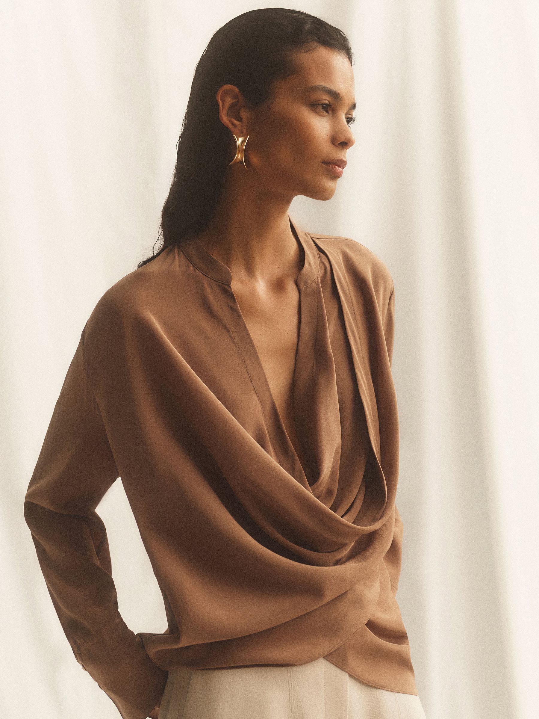 Matte Silk Draped Shirt in Camel - Image 1 of 8