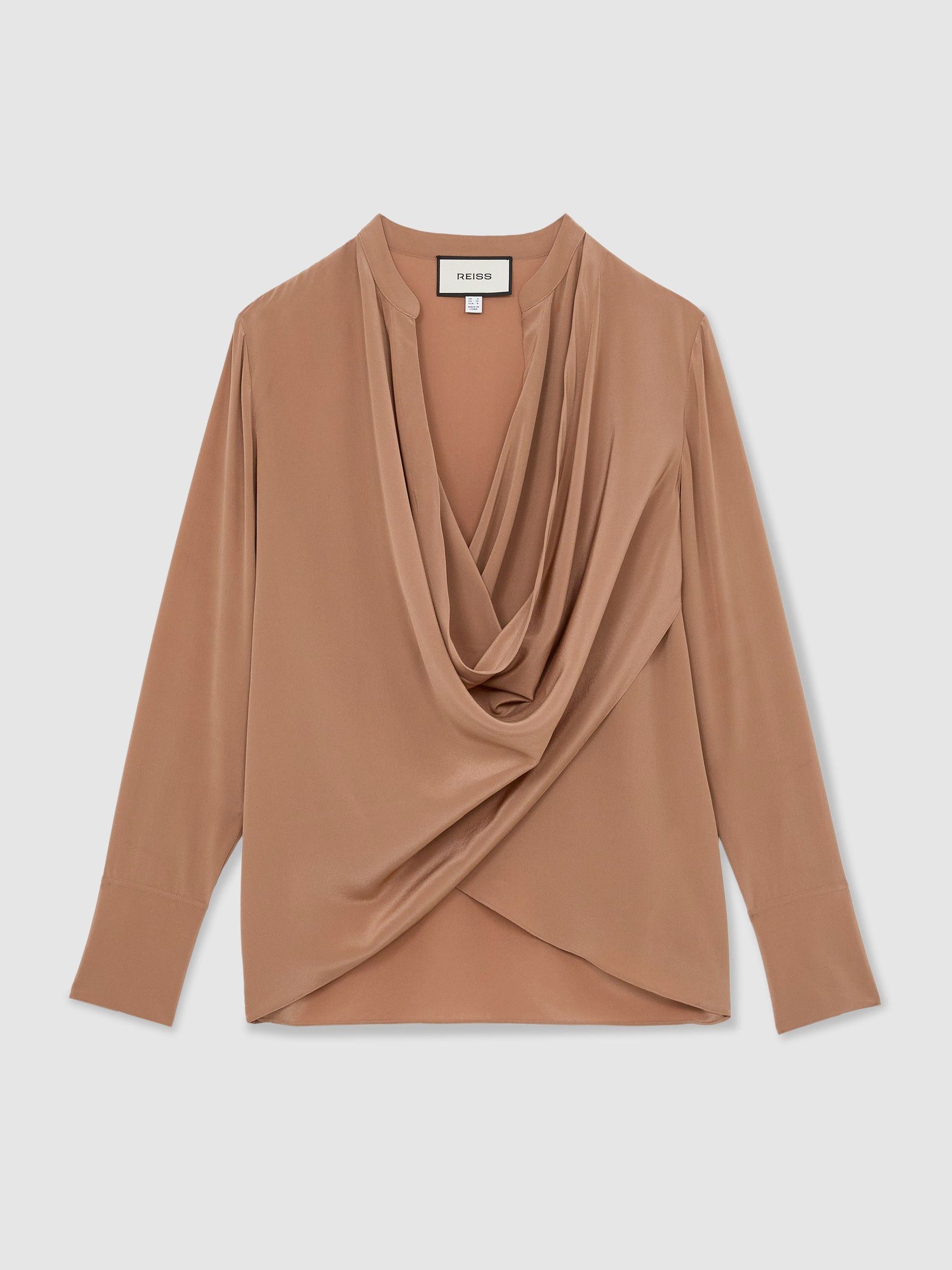 Matte Silk Draped Shirt in Camel - Image 2 of 8