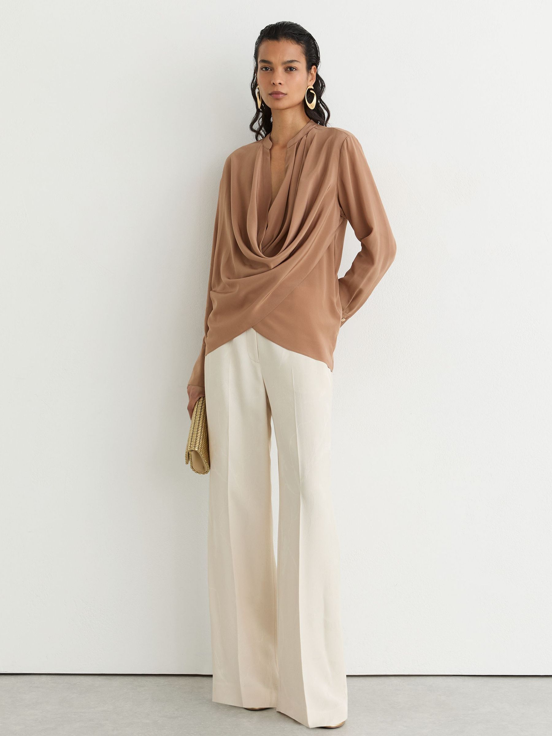 Matte Silk Draped Shirt in Camel - Image 4 of 8