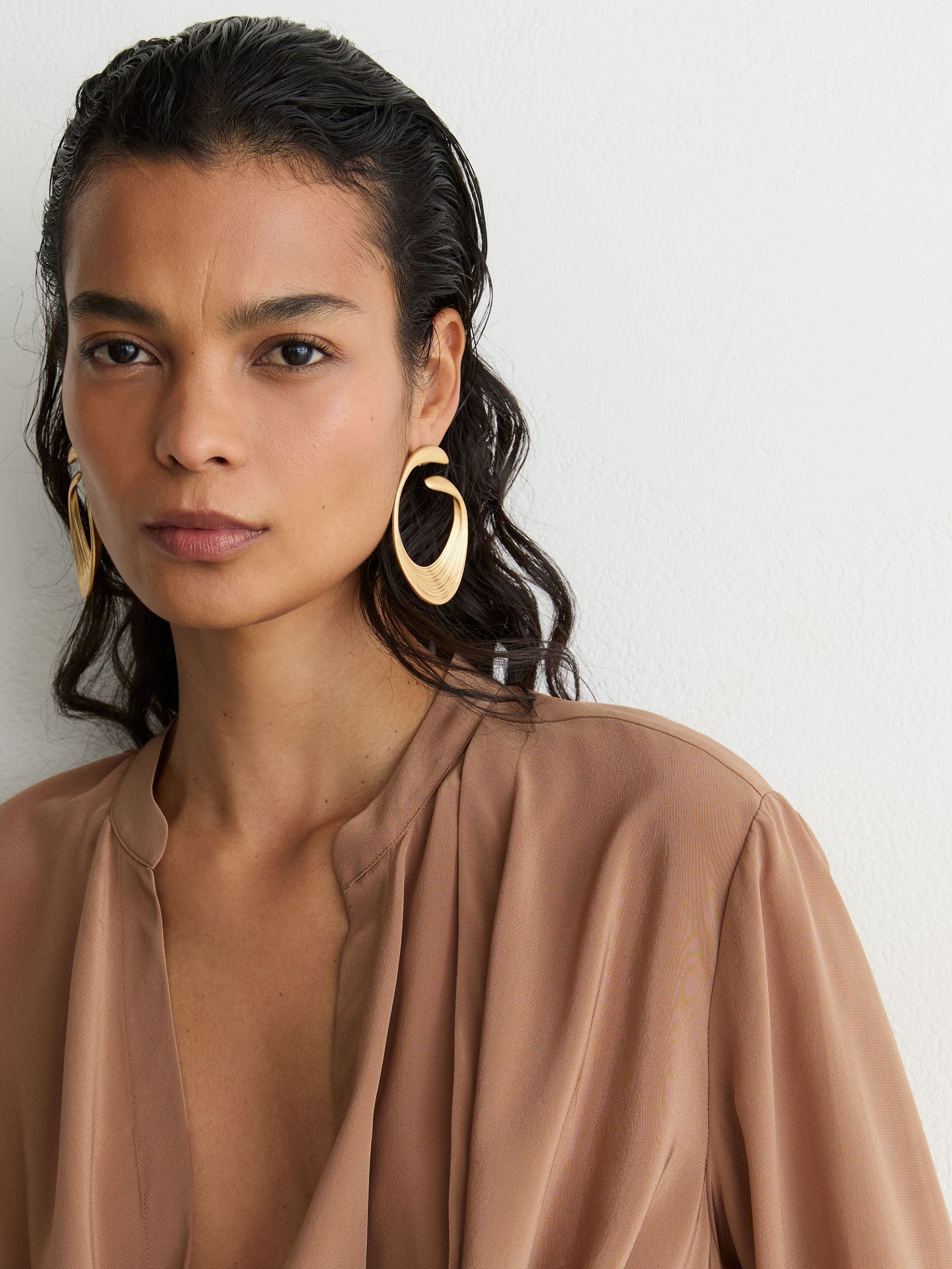 Matte Silk Draped Shirt in Camel - Image 5 of 8