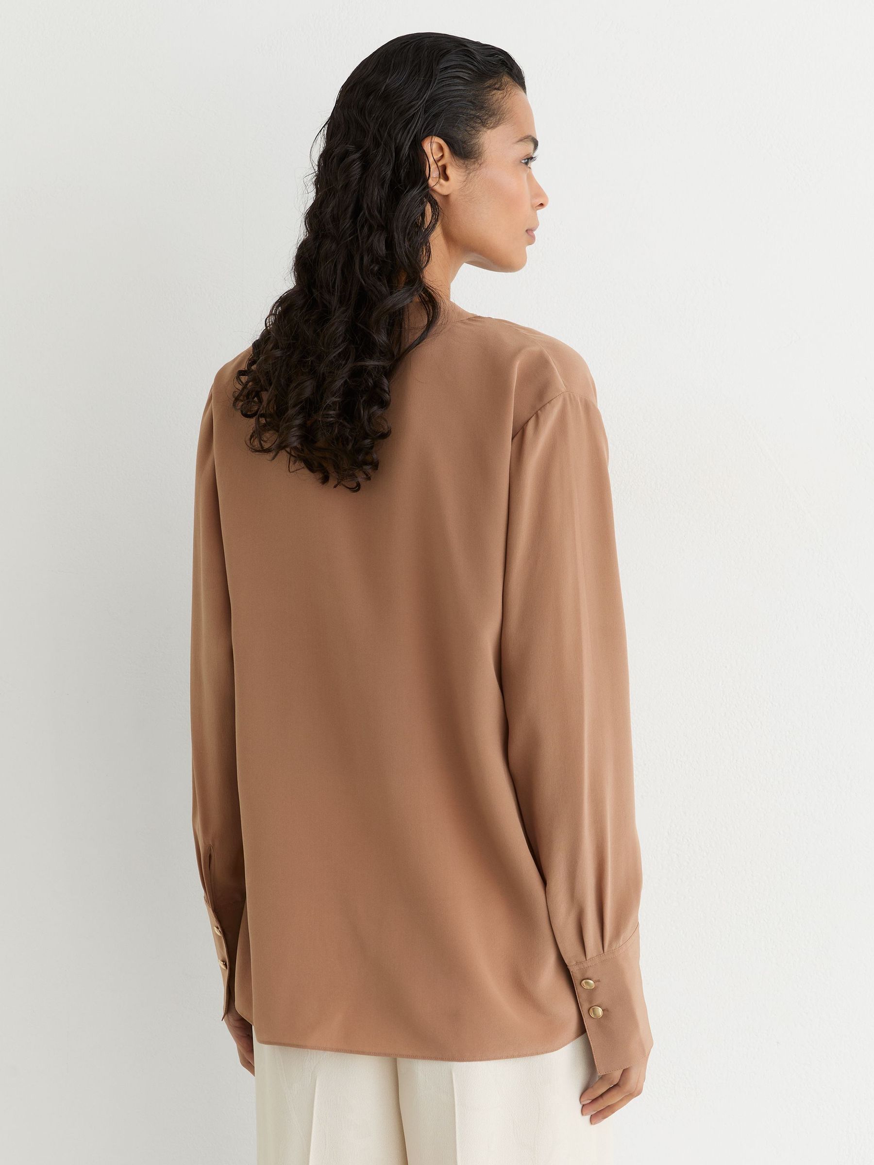 Matte Silk Draped Shirt in Camel - Image 6 of 8