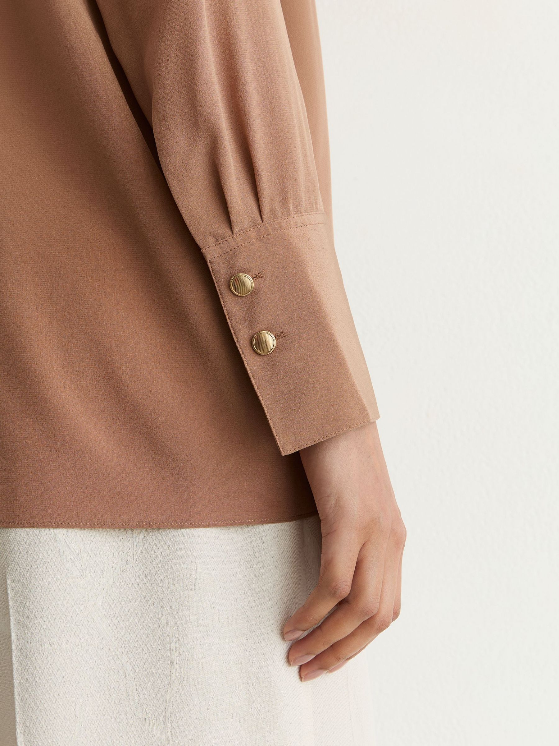 Matte Silk Draped Shirt in Camel - Image 7 of 8