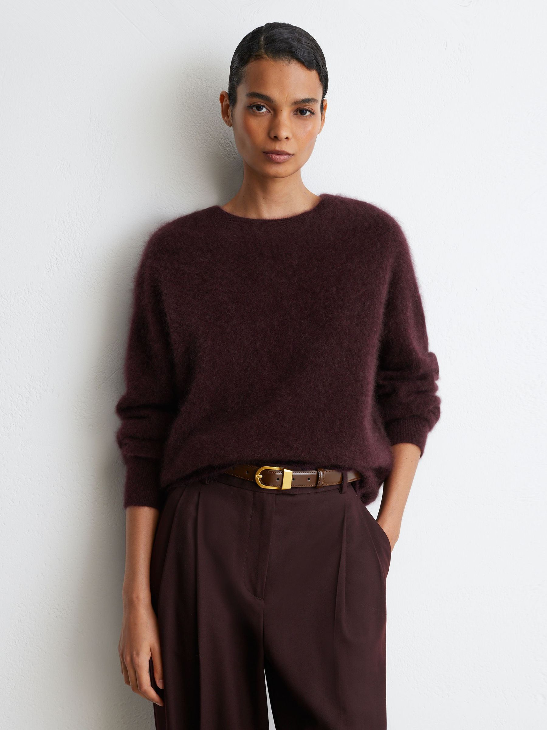 100% Brushed Cashmere Crew-Neck Jumper in Grape Burgundy - Obrázek 1 z 7